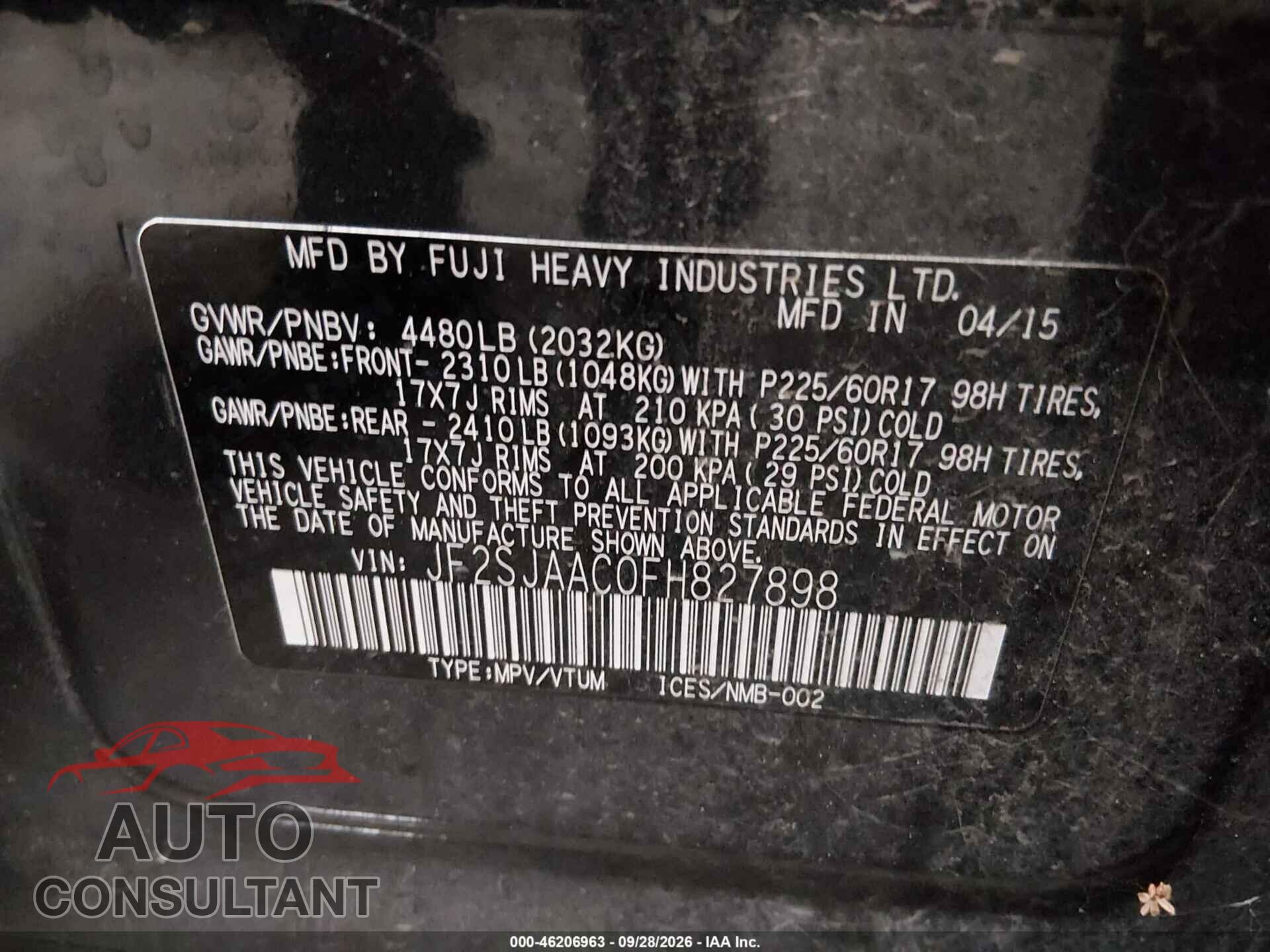 SUBARU FORESTER 2015 - JF2SJAAC0FH827898