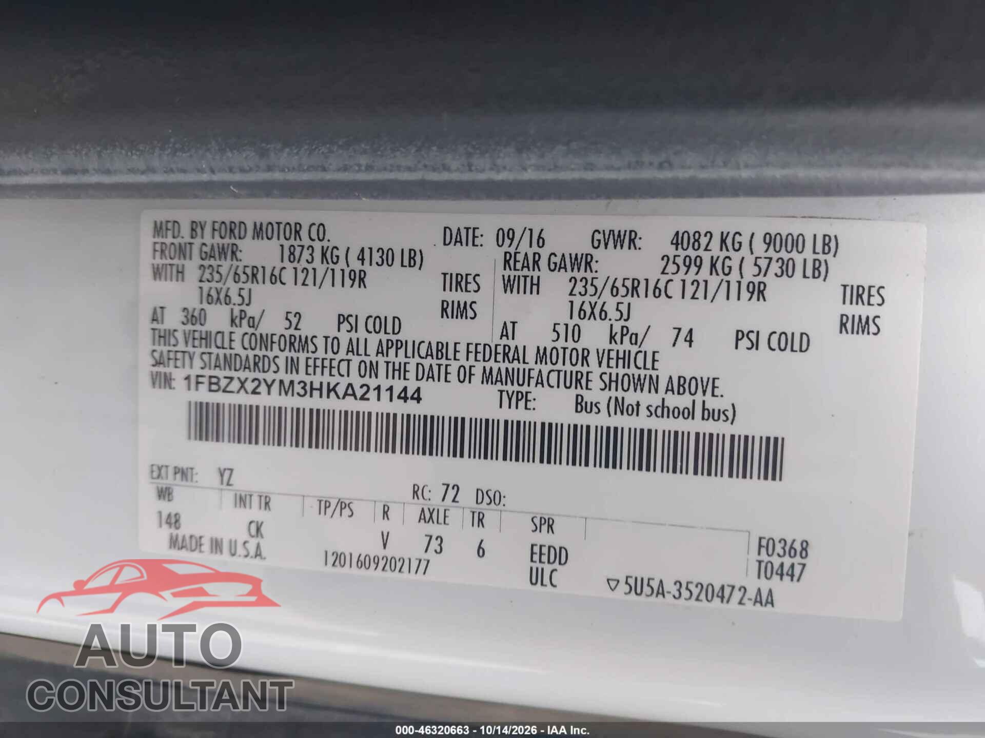 FORD TRANSIT-350 2017 - 1FBZX2YM3HKA21144