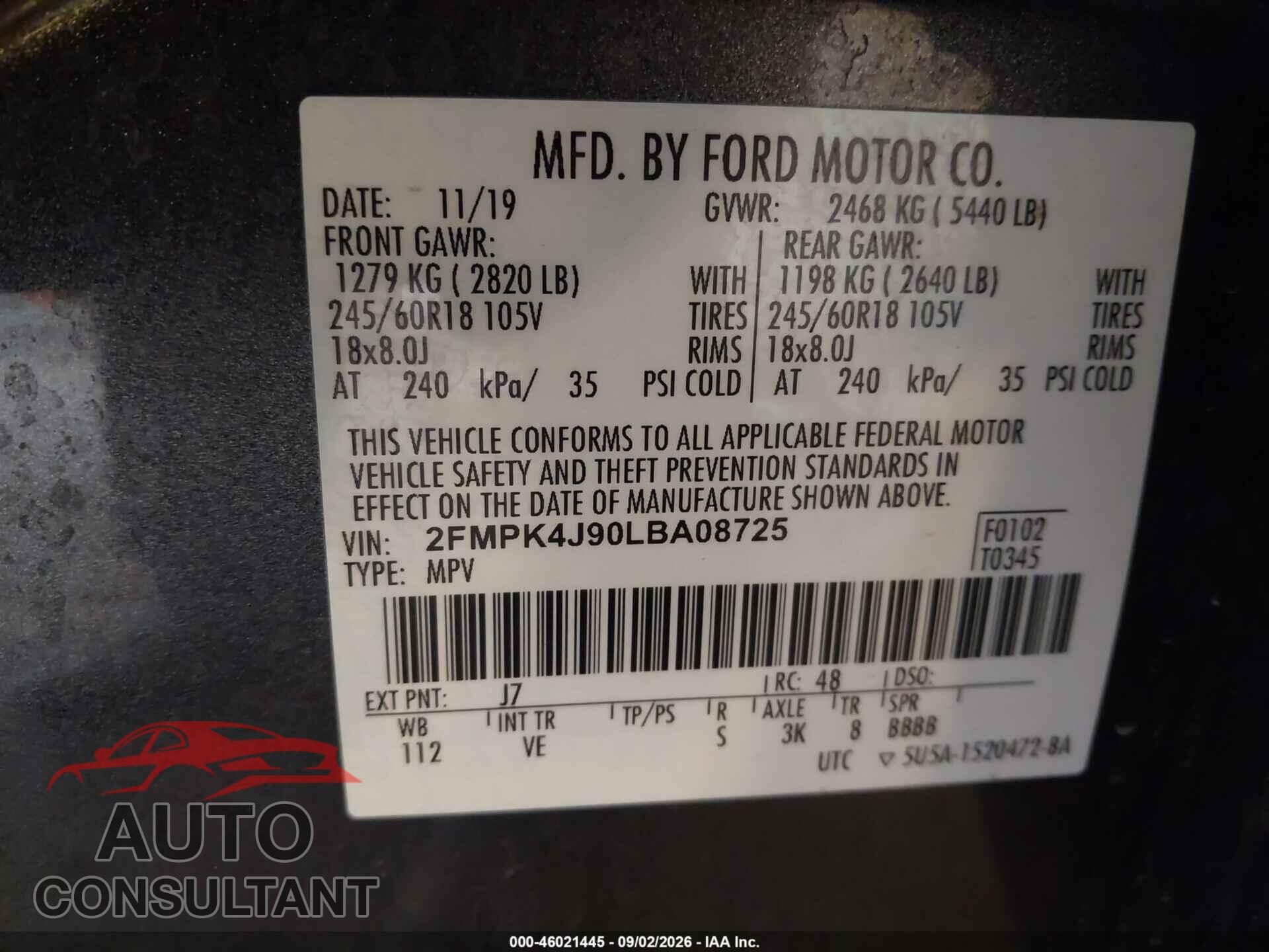 FORD EDGE 2020 - 2FMPK4J90LBA08725