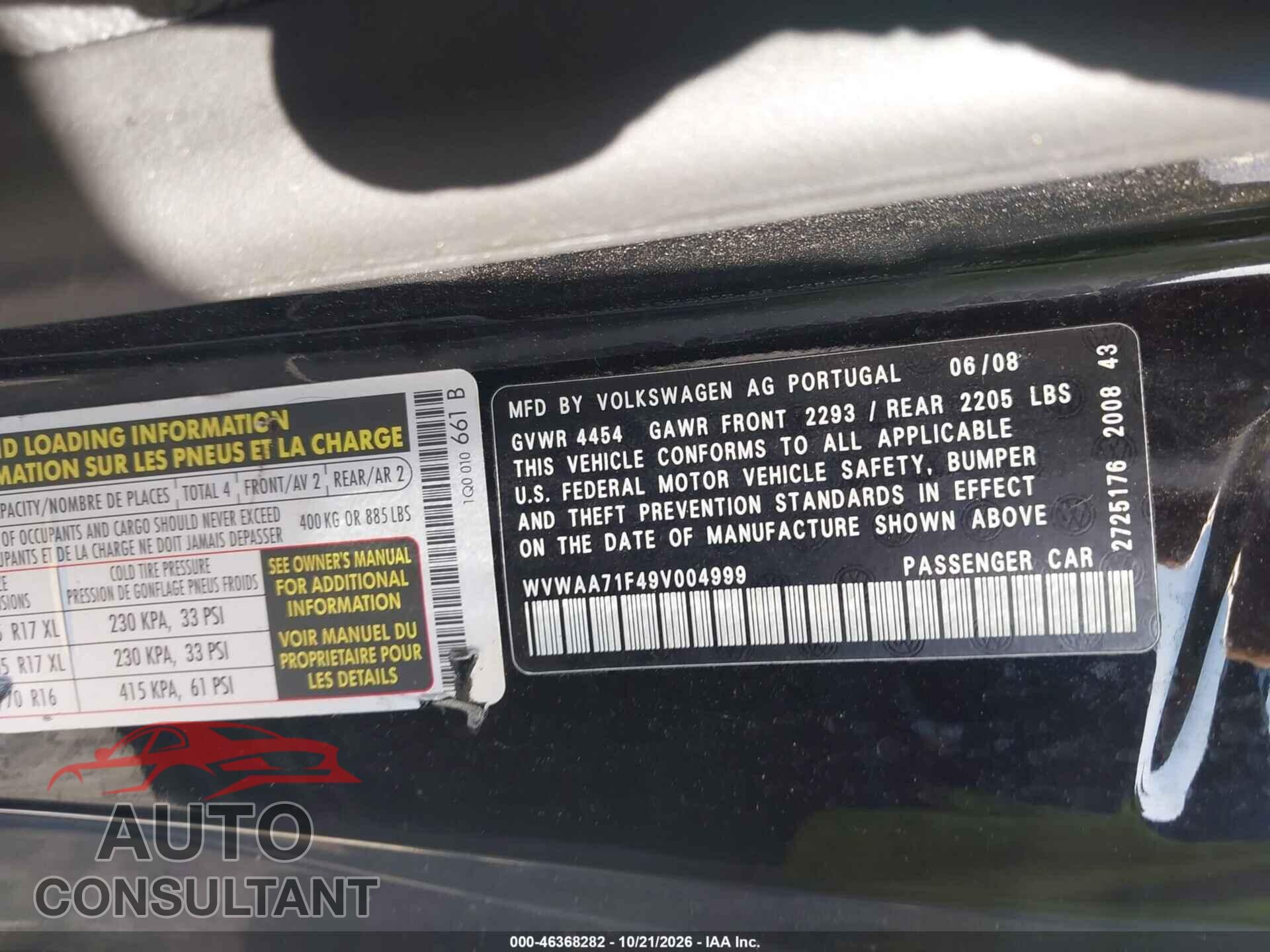 VOLKSWAGEN EOS 2009 - WVWAA71F49V004999
