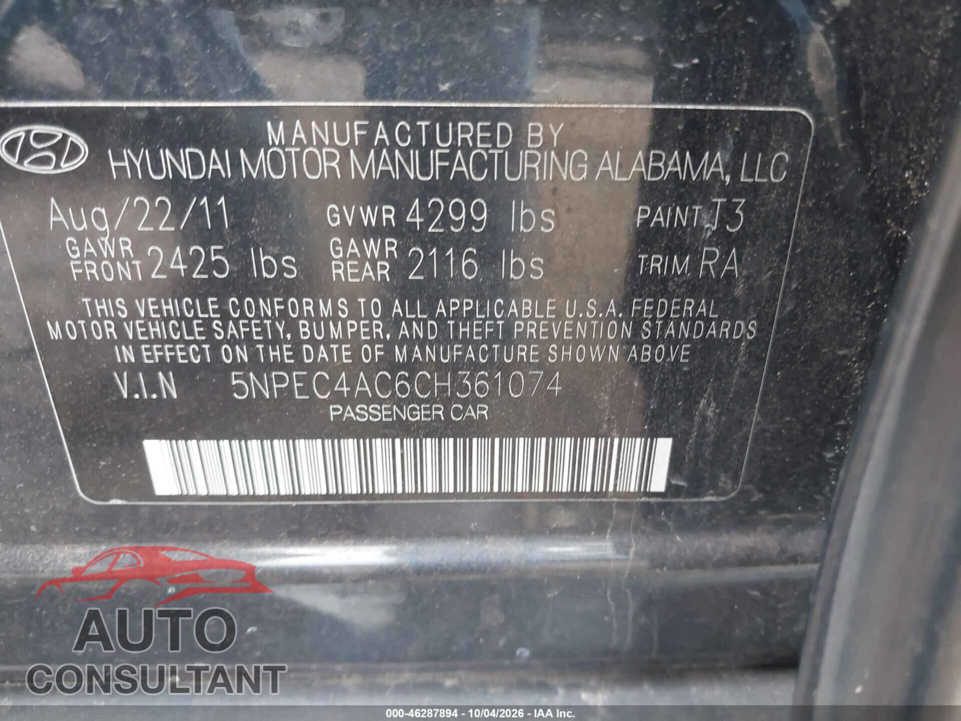 HYUNDAI SONATA 2012 - 5NPEC4AC6CH361074