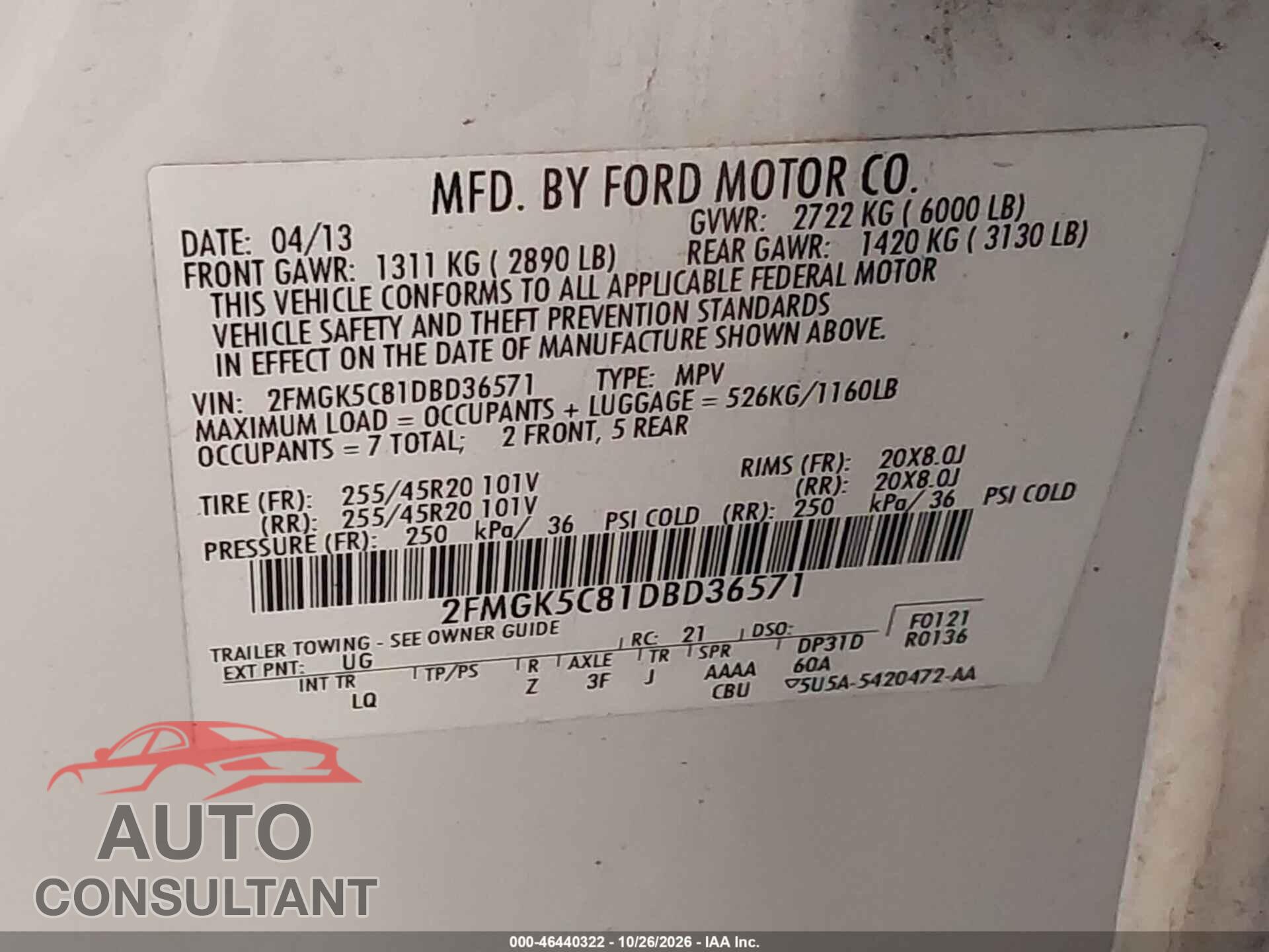 FORD FLEX 2013 - 2FMGK5C81DBD36571
