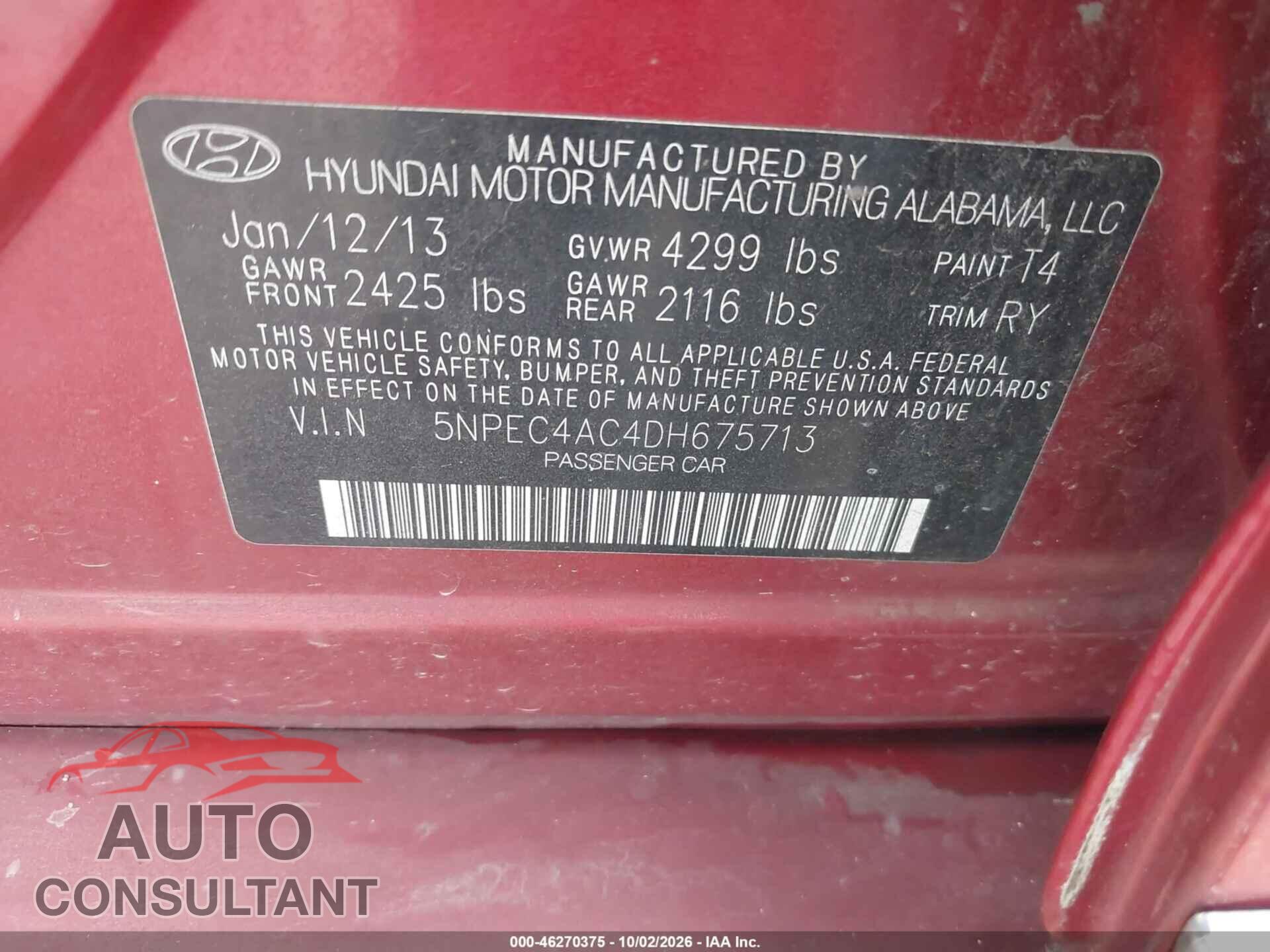 HYUNDAI SONATA 2013 - 5NPEC4AC4DH675713