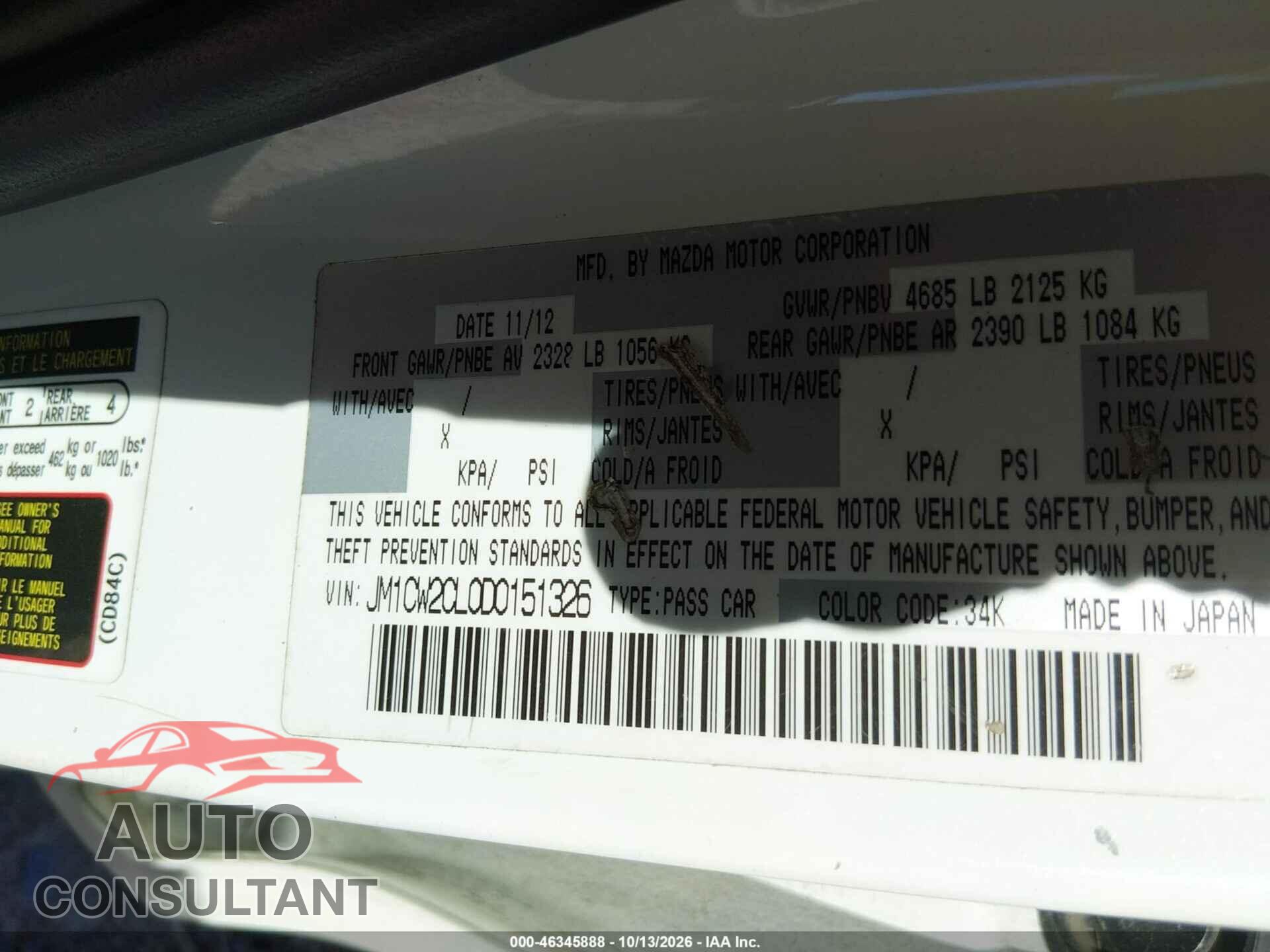 MAZDA MAZDA5 2013 - JM1CW2CL0D0151326