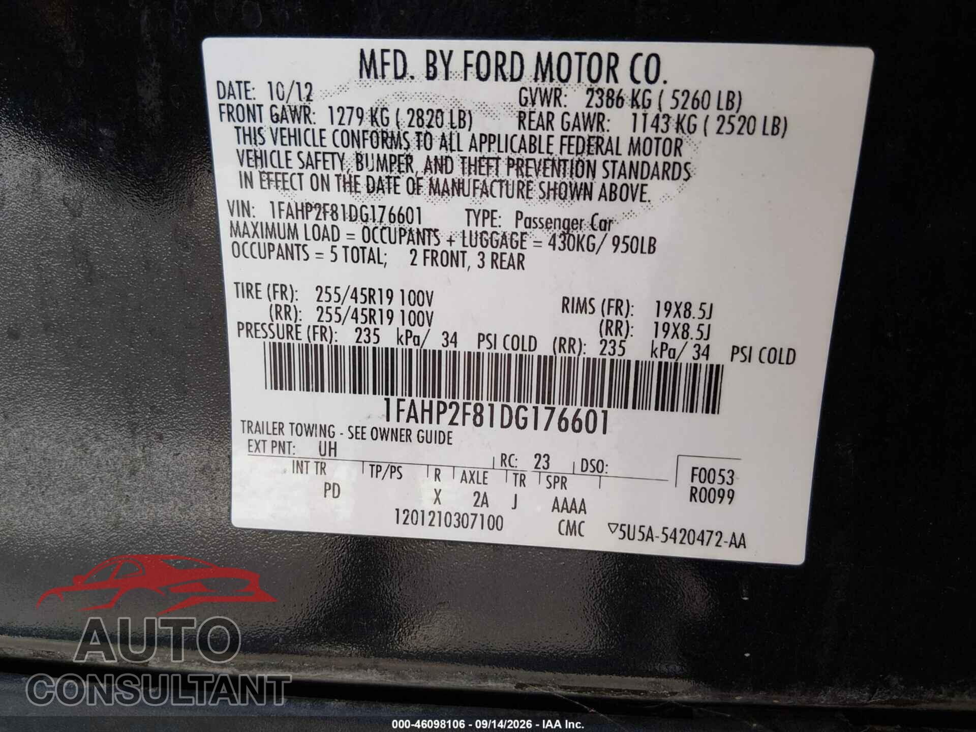 FORD TAURUS 2013 - 1FAHP2F81DG176601