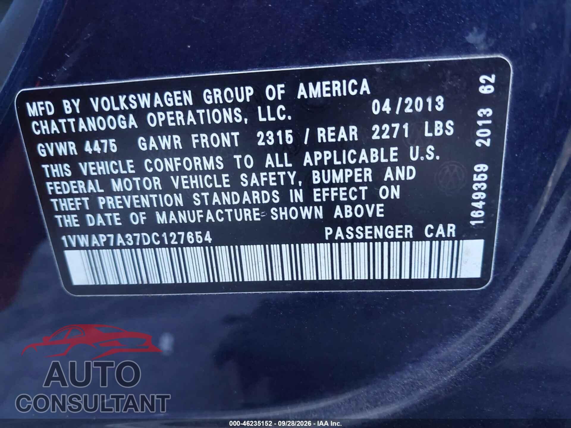 VOLKSWAGEN PASSAT 2013 - 1VWAP7A37DC127654