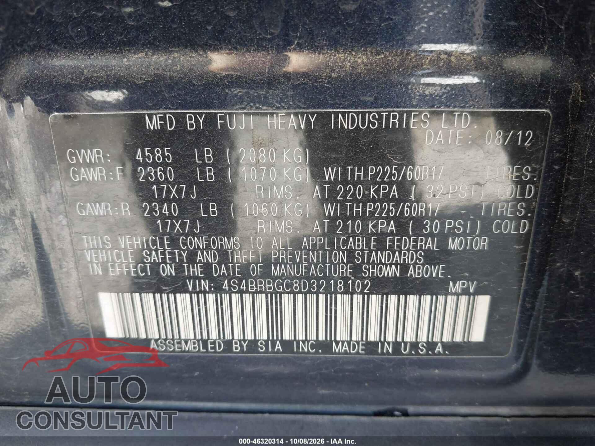 SUBARU OUTBACK 2013 - 4S4BRBGC8D3218102