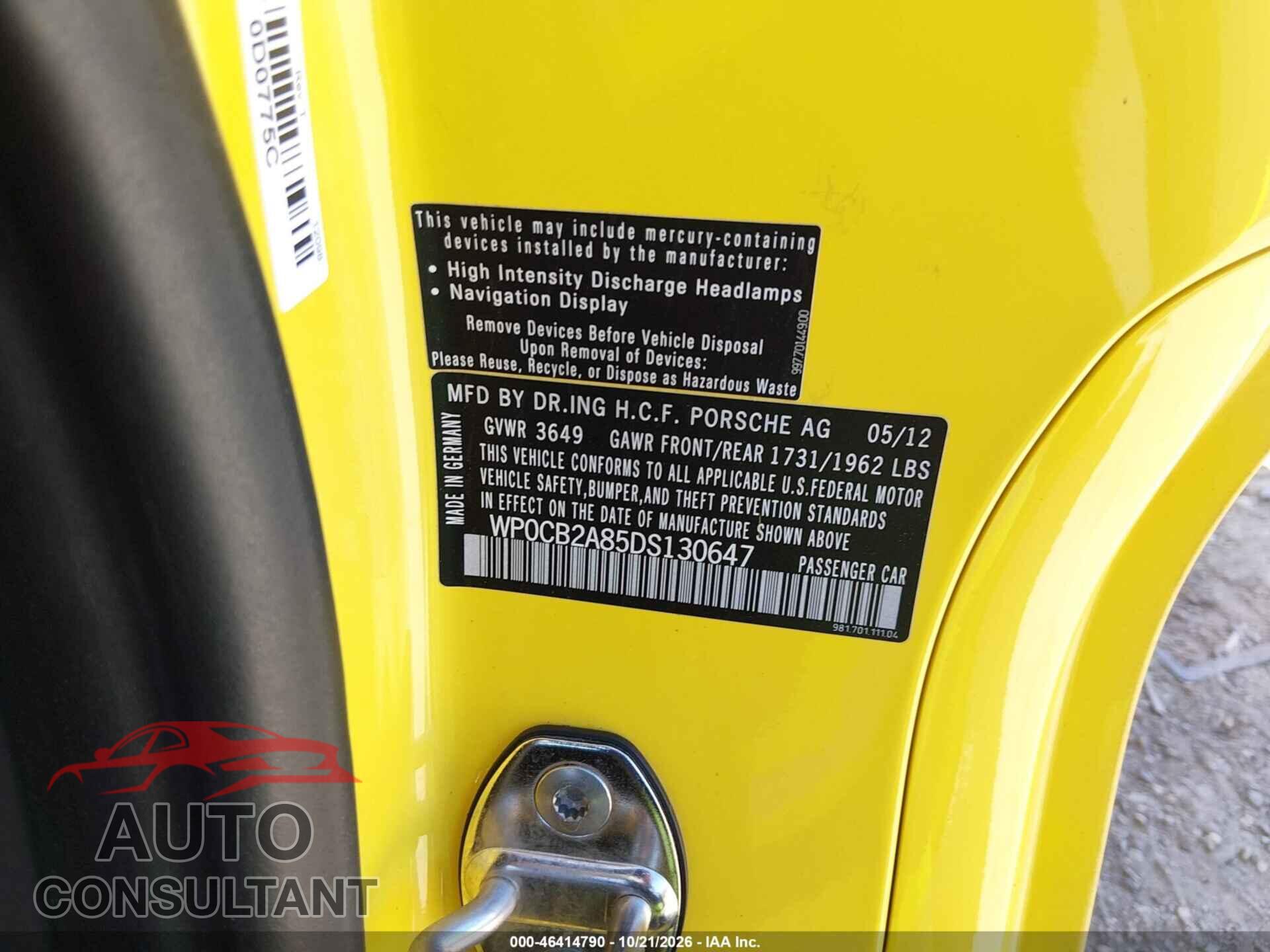 PORSCHE BOXSTER 2013 - WP0CB2A85DS130647