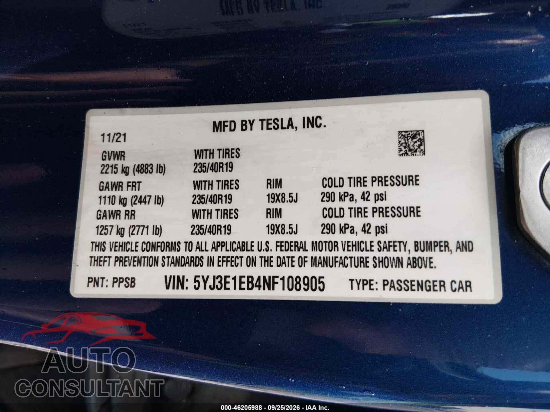 TESLA MODEL 3 2022 - 5YJ3E1EB4NF108905