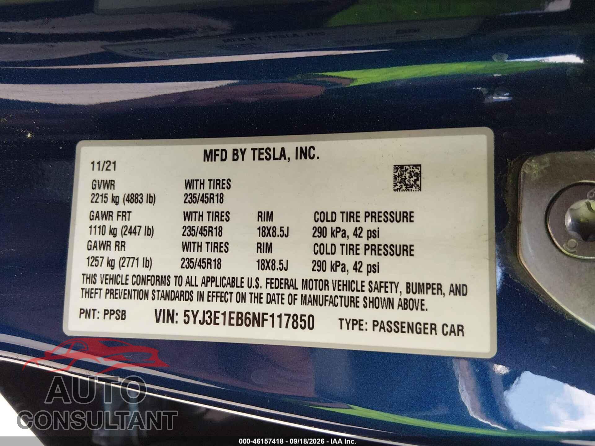 TESLA MODEL 3 2022 - 5YJ3E1EB6NF117850