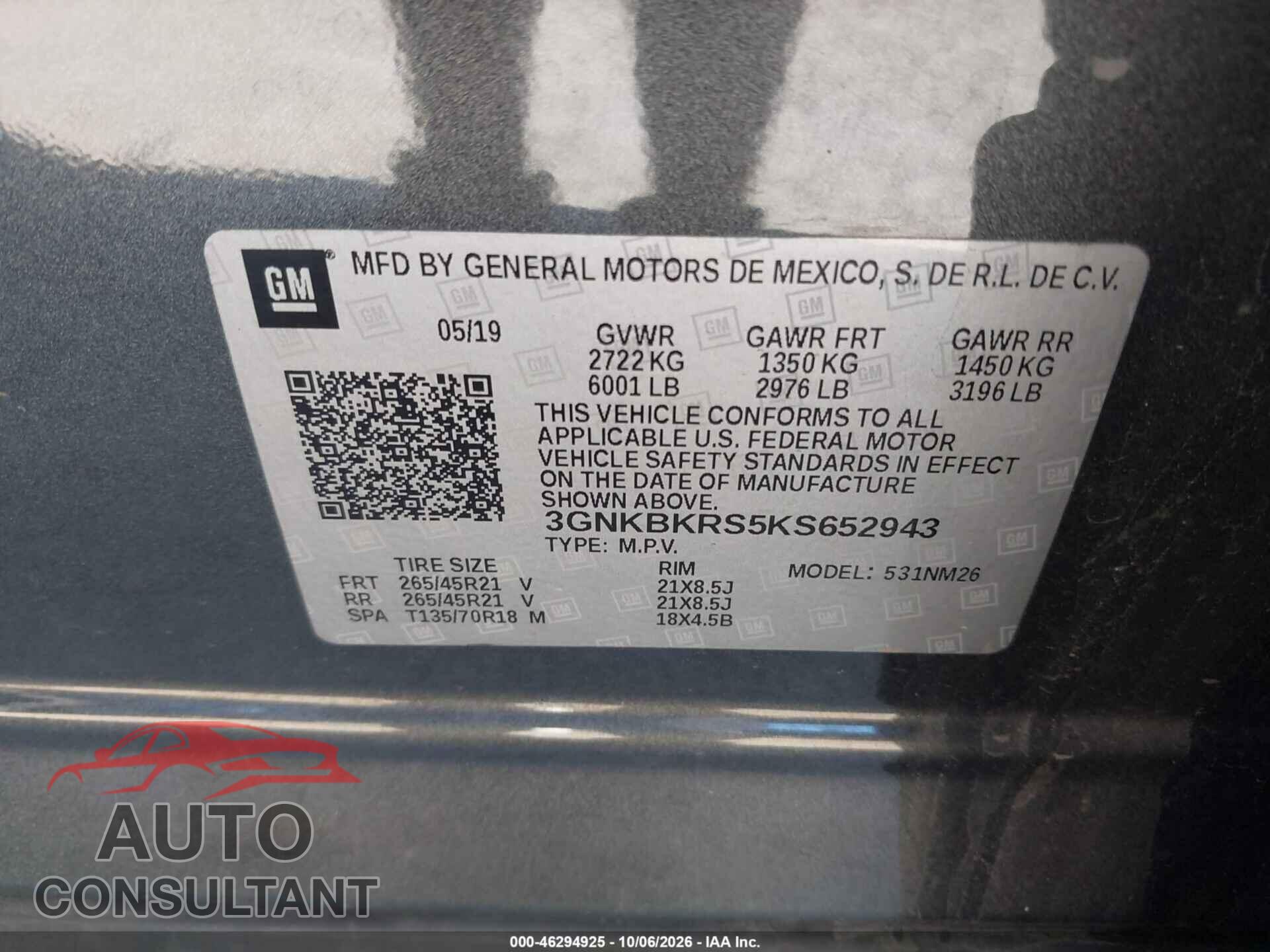 CHEVROLET BLAZER 2019 - 3GNKBKRS5KS652943