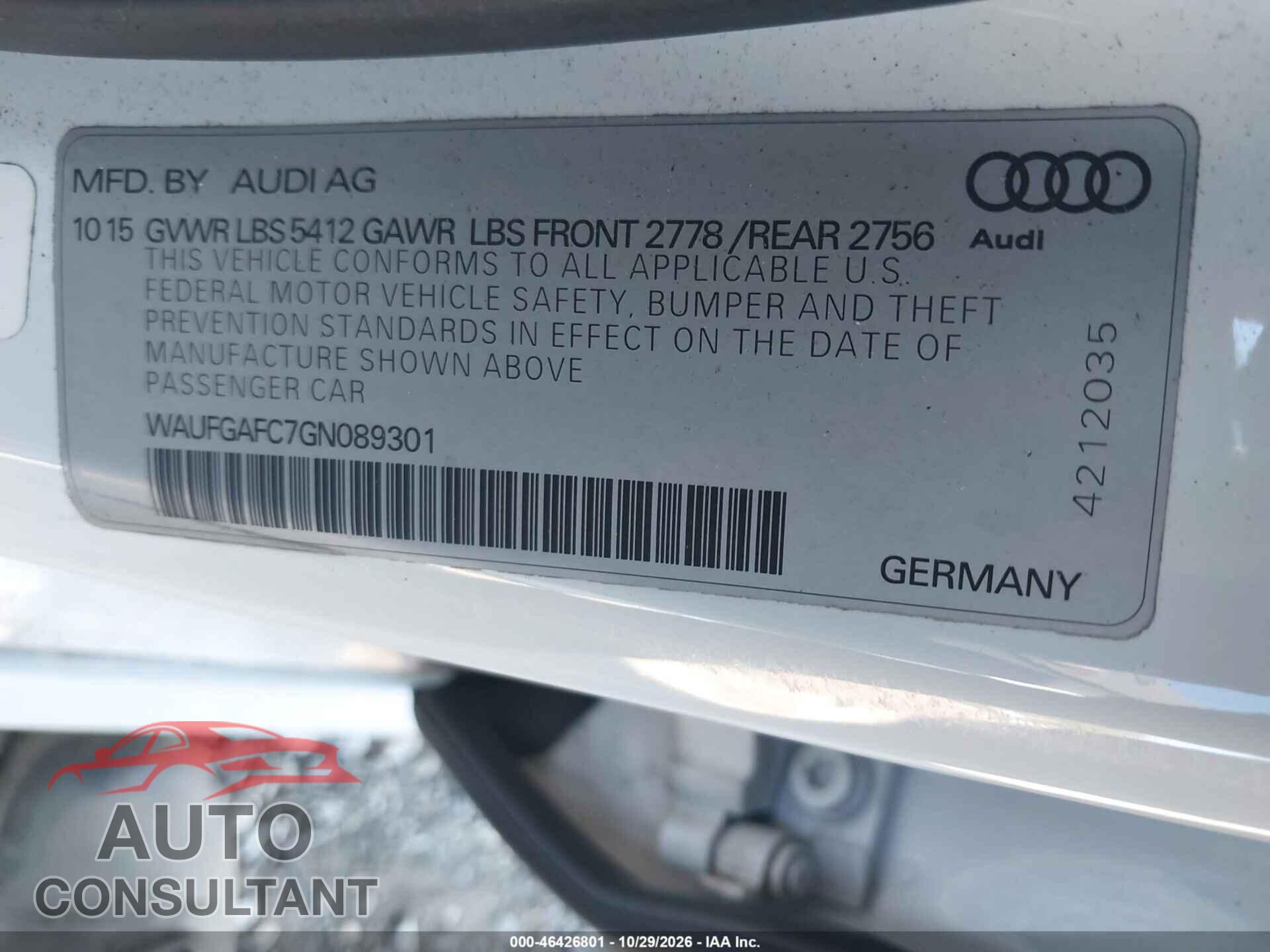 AUDI A6 2016 - WAUFGAFC7GN089301
