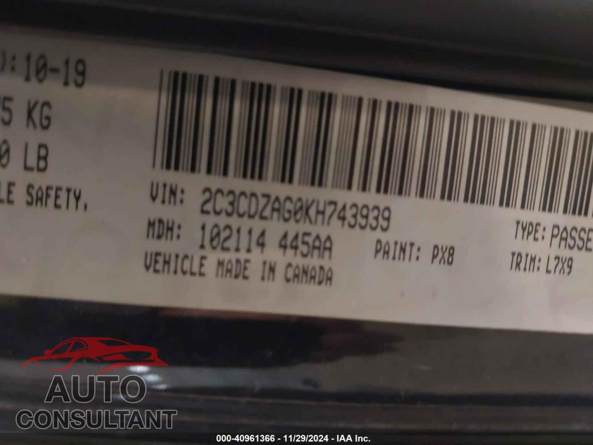 DODGE CHALLENGER 2019 - 2C3CDZAG0KH743939