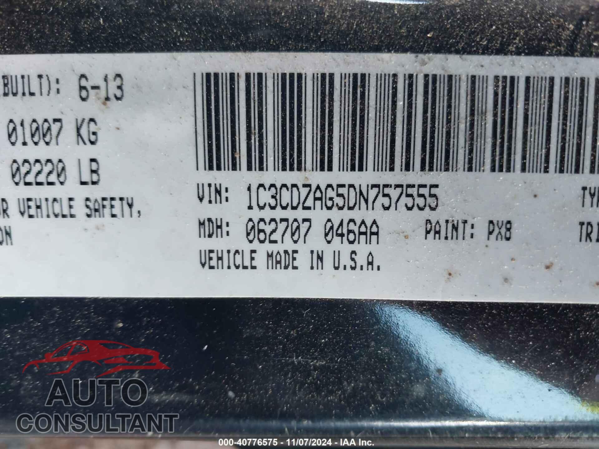 DODGE AVENGER 2013 - 1C3CDZAG5DN757555