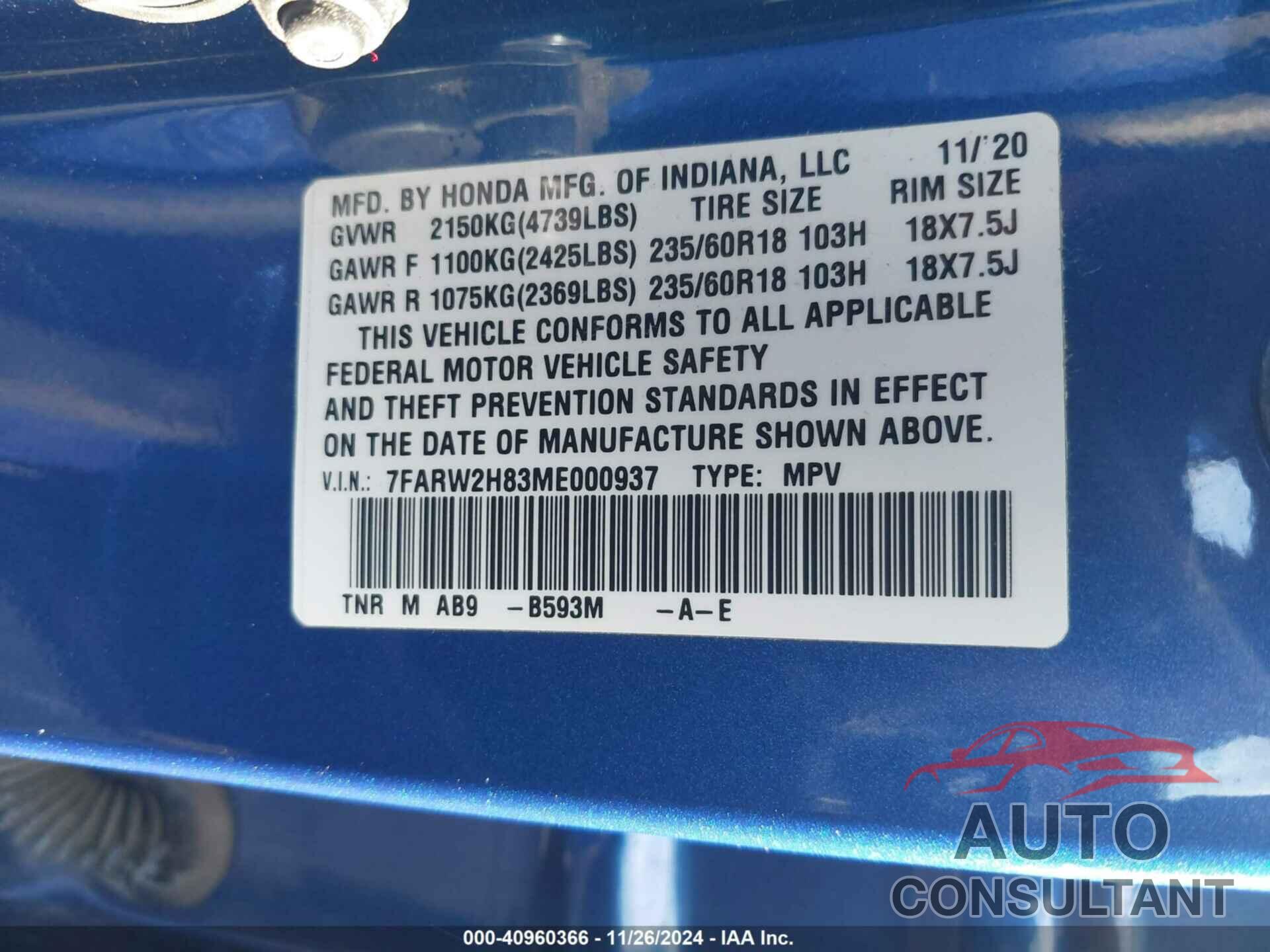 HONDA CR-V 2021 - 7FARW2H83ME000937