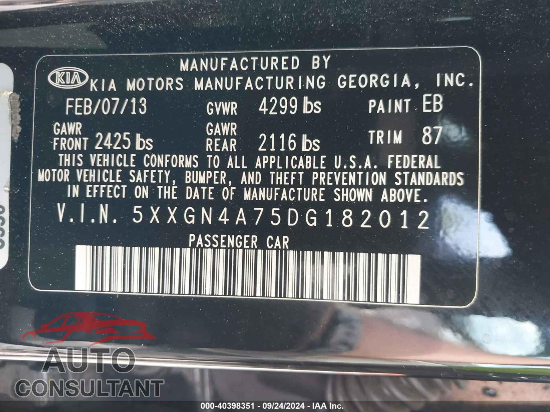 KIA OPTIMA 2013 - 5XXGN4A75DG182012