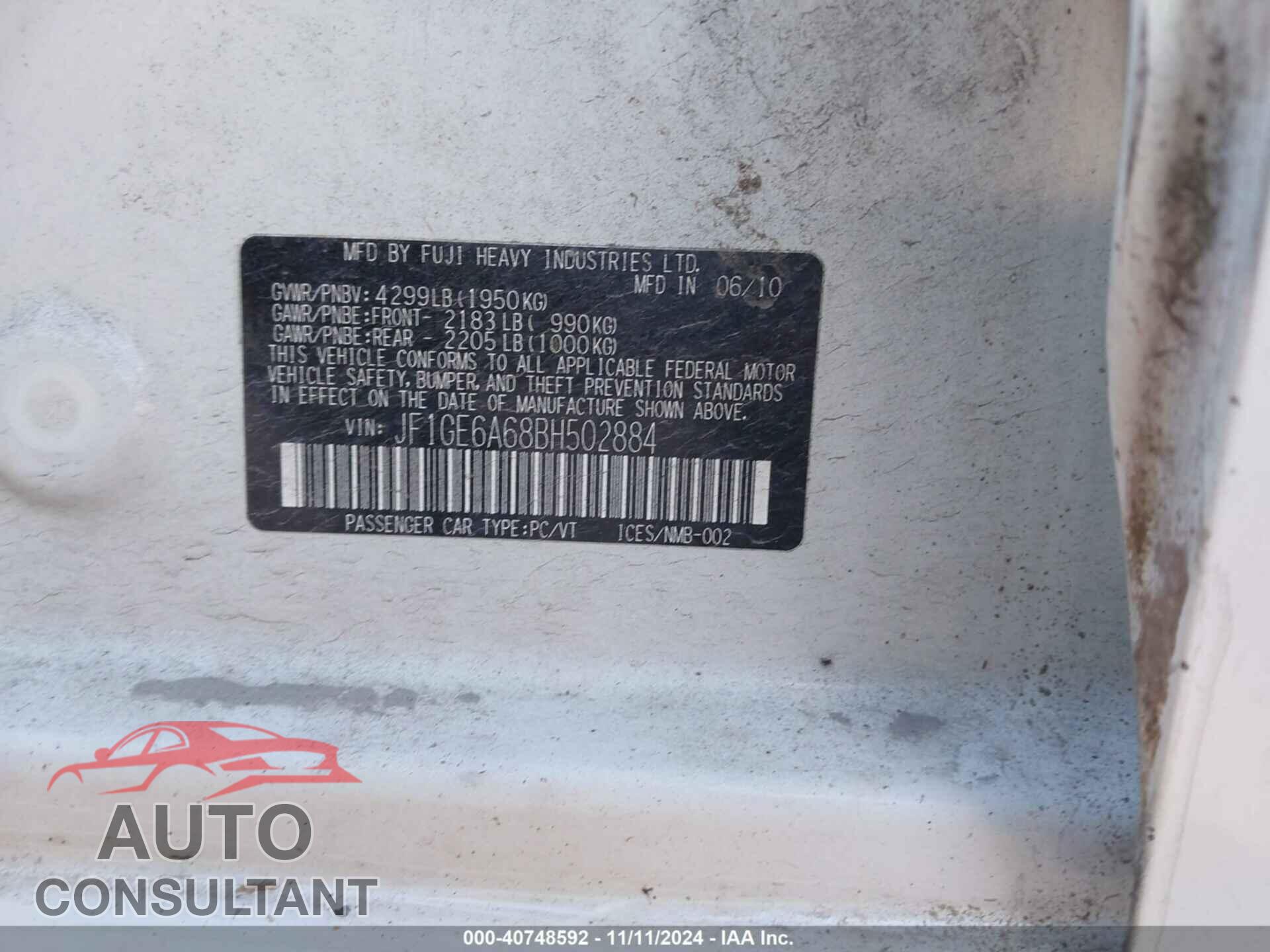 SUBARU IMPREZA 2011 - JF1GE6A68BH502884