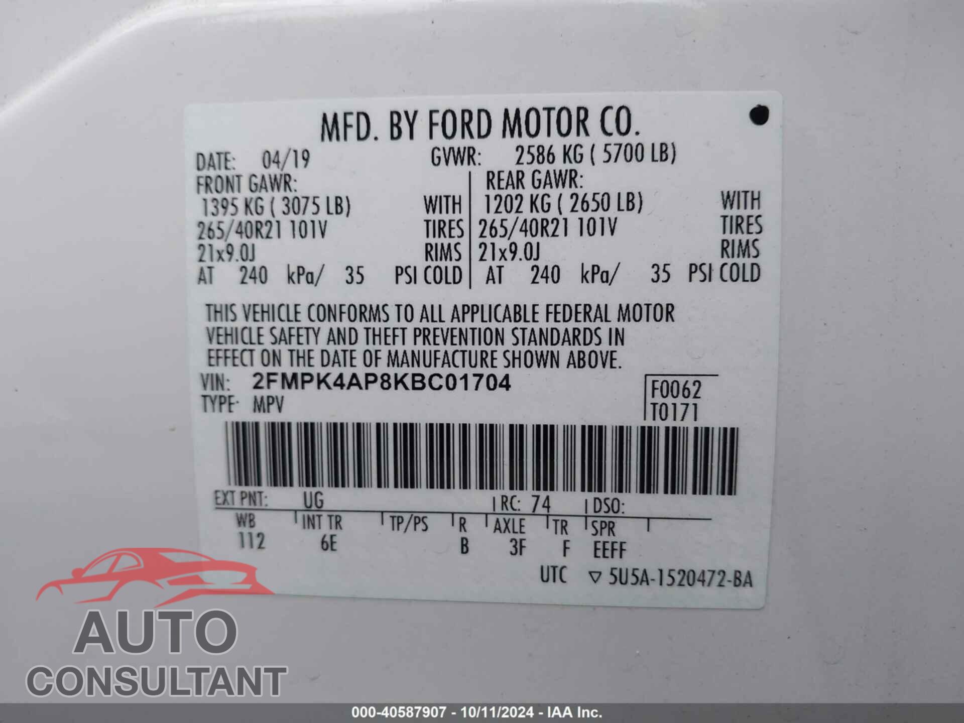 FORD EDGE 2019 - 2FMPK4AP8KBC01704