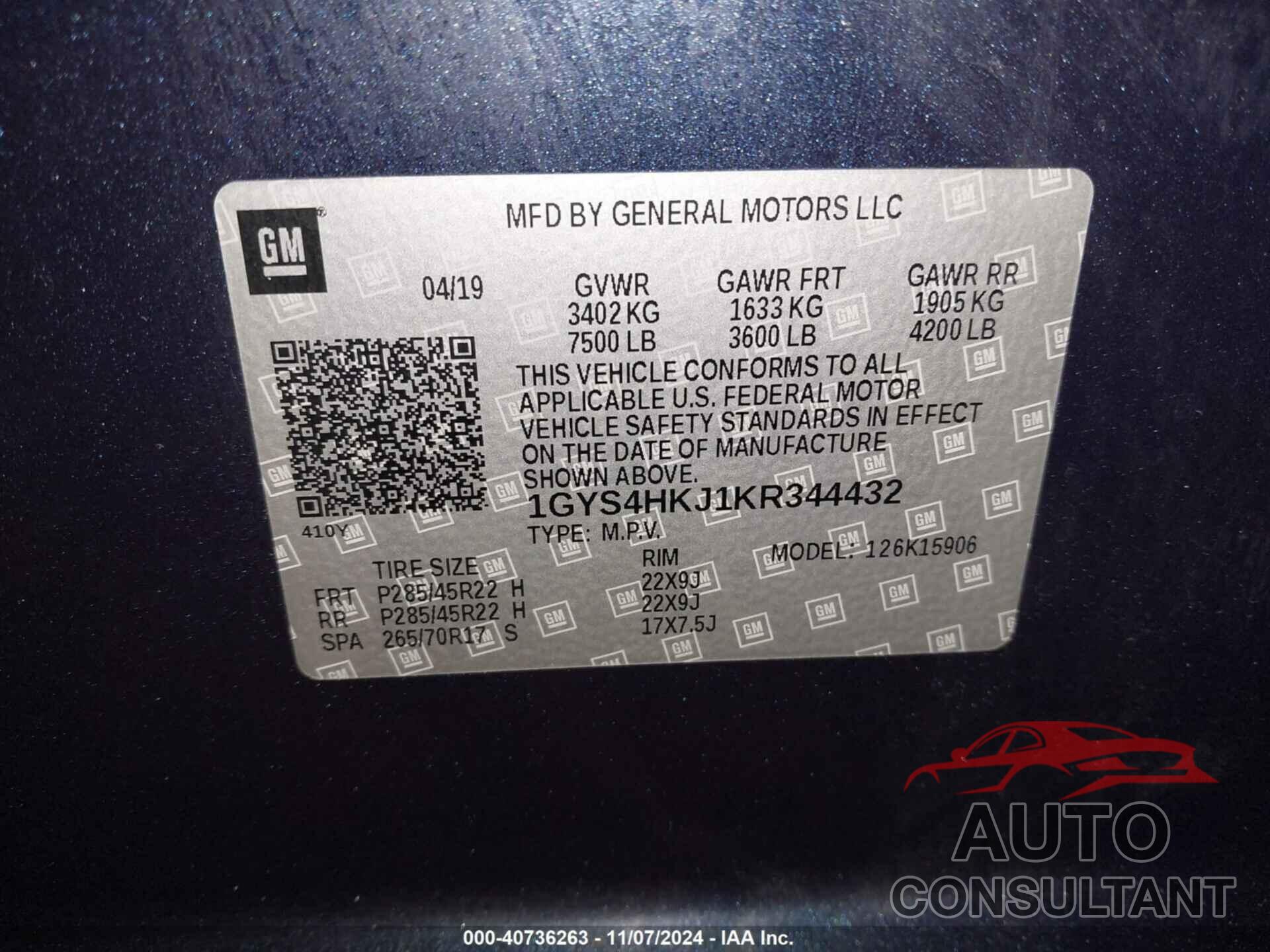 CADILLAC ESCALADE ESV 2019 - 1GYS4HKJ1KR344432