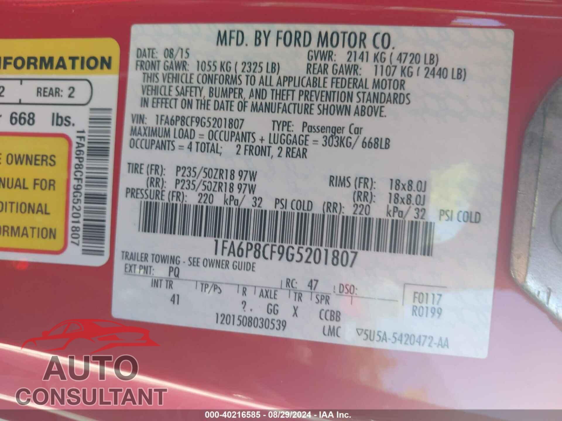 FORD MUSTANG 2016 - 1FA6P8CF9G5201807