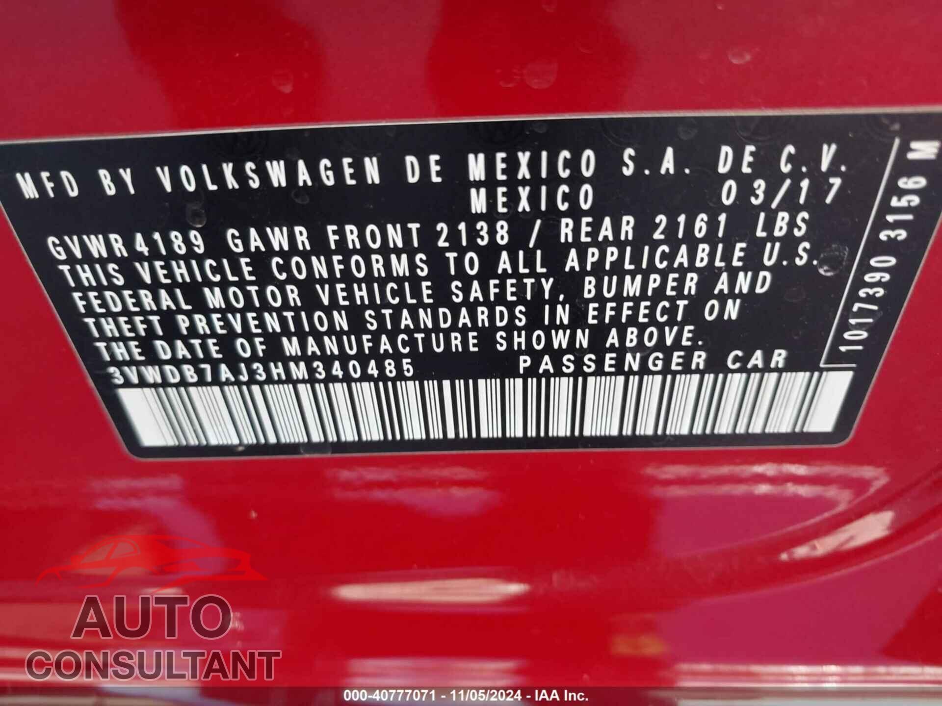 VOLKSWAGEN JETTA 2017 - 3VWDB7AJ3HM340485