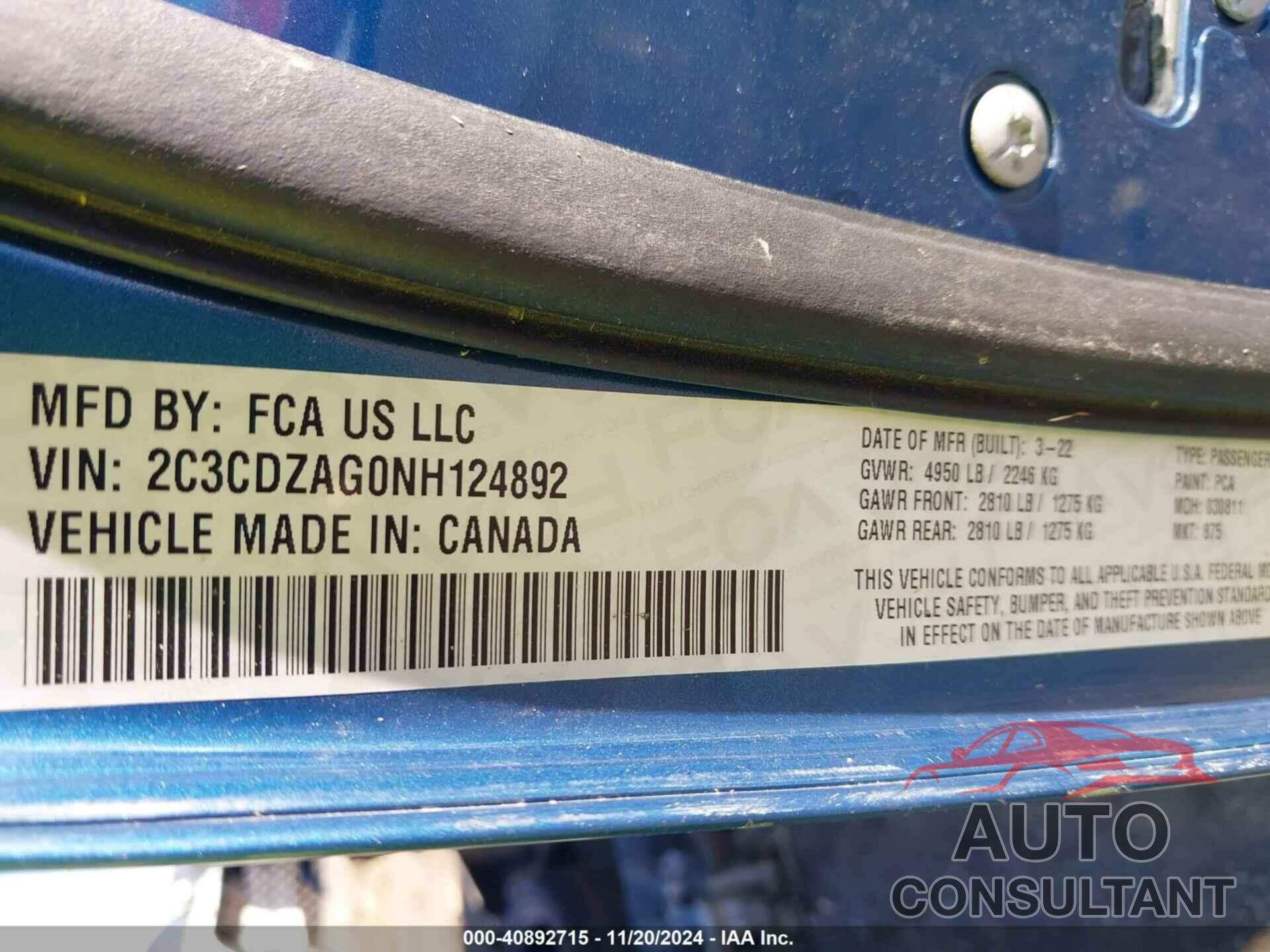 DODGE CHALLENGER 2022 - 2C3CDZAG0NH124892