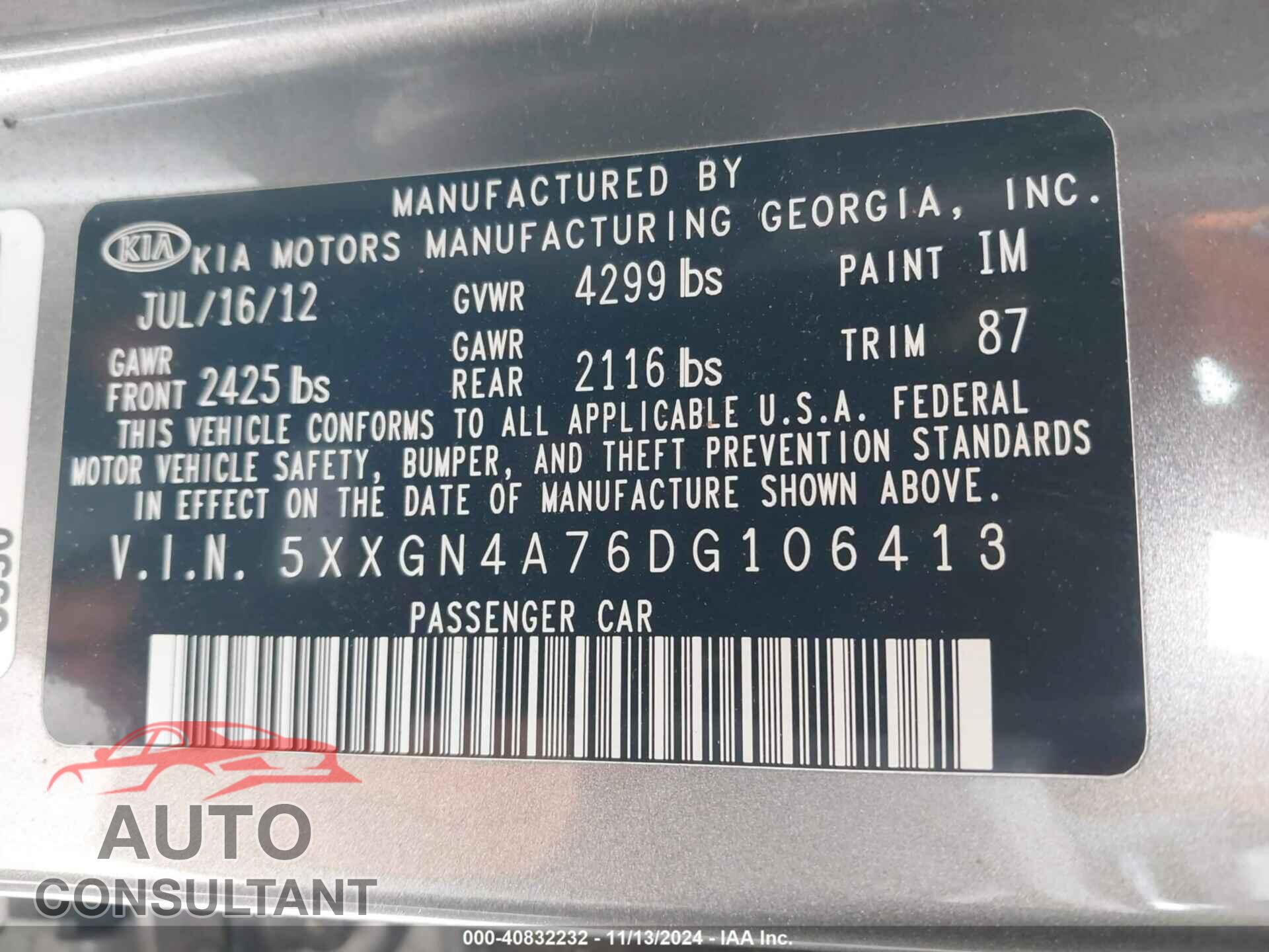KIA OPTIMA 2013 - 5XXGN4A76DG106413