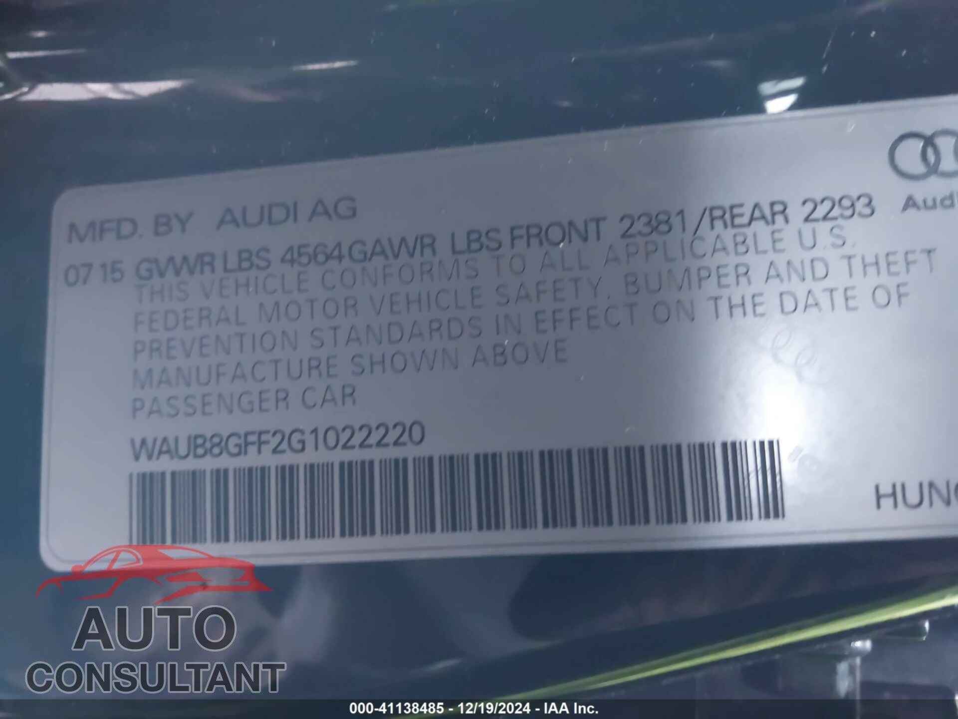 AUDI A3 2016 - WAUB8GFF2G1022220