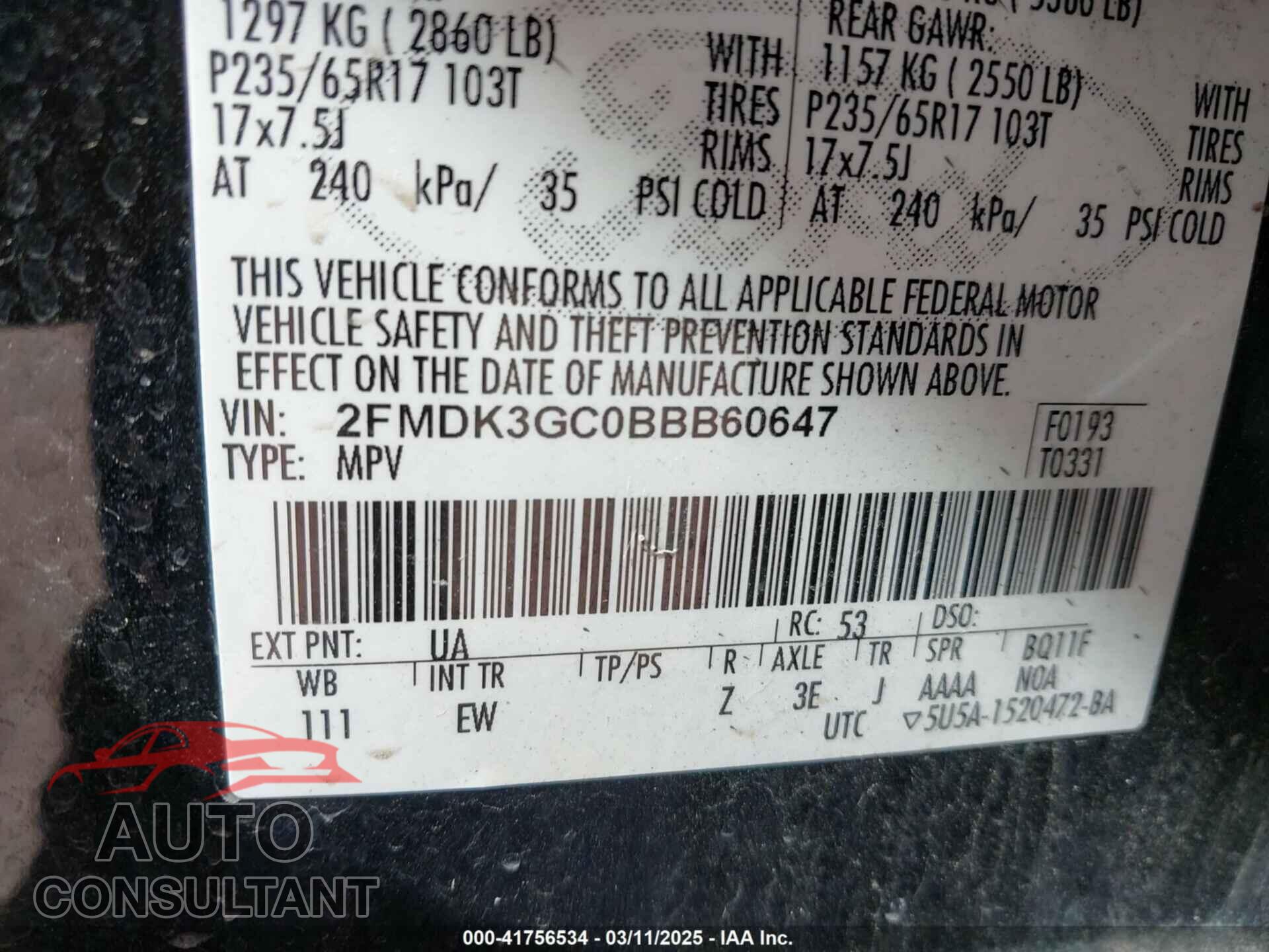FORD EDGE 2011 - 2FMDK3GC0BBB60647