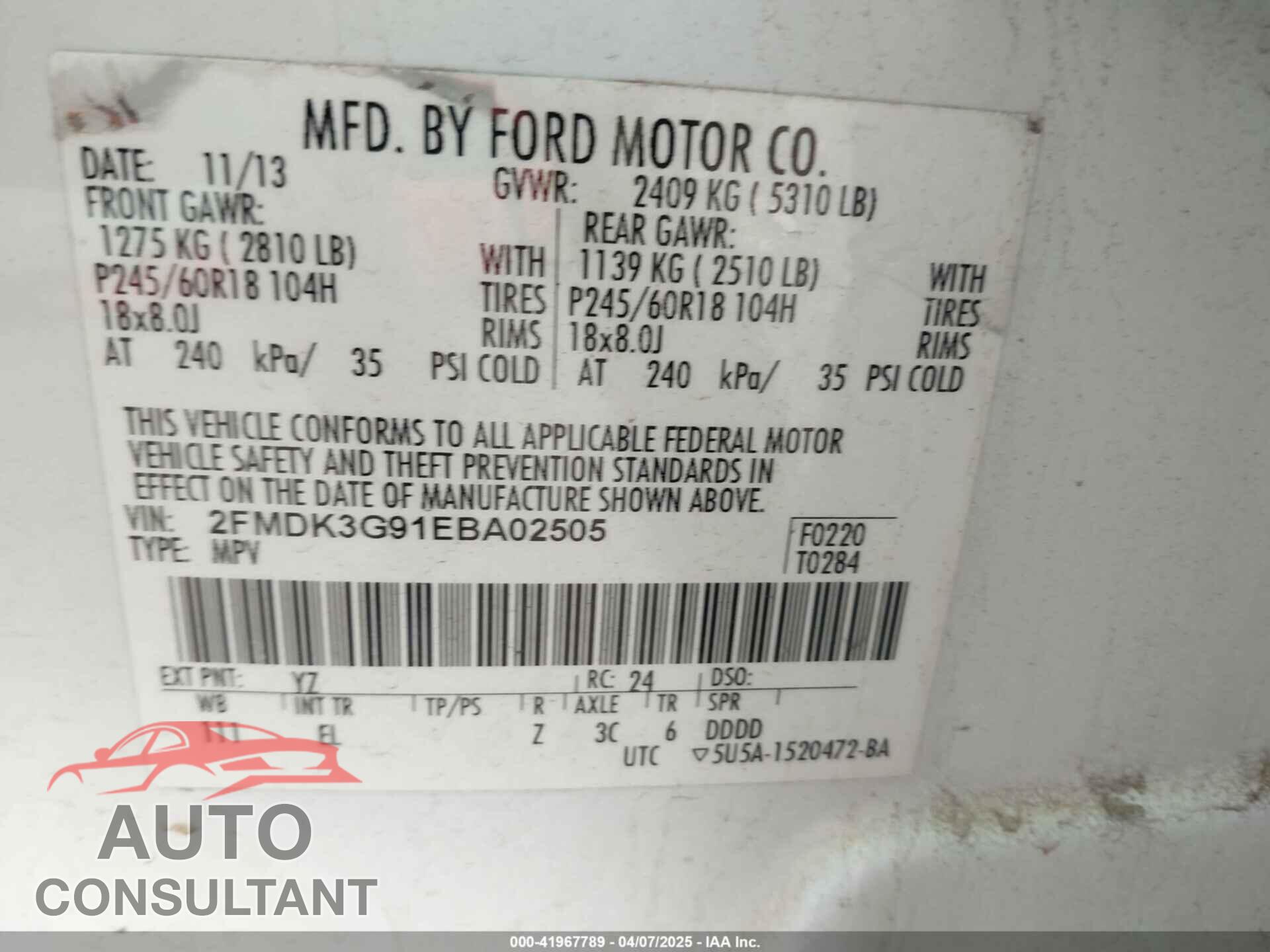 FORD EDGE 2014 - 2FMDK3G91EBA02505