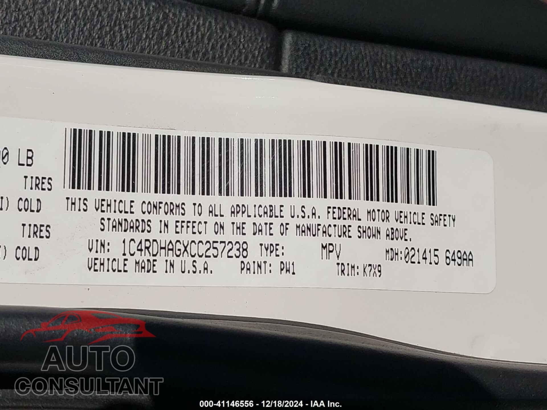 DODGE DURANGO 2012 - 1C4RDHAGXCC257238