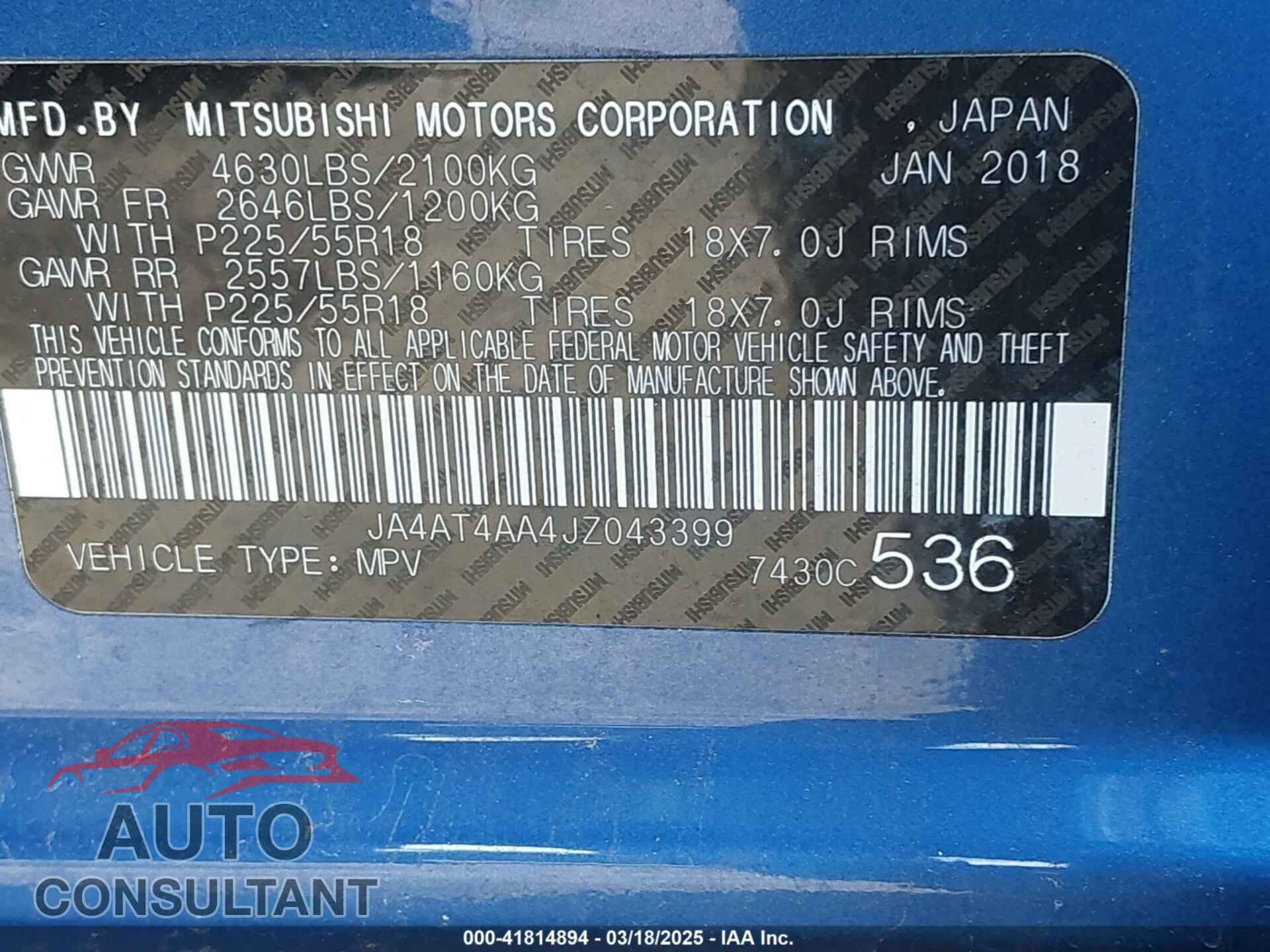 MITSUBISHI ECLIPSE CROSS 2018 - JA4AT4AA4JZ043399