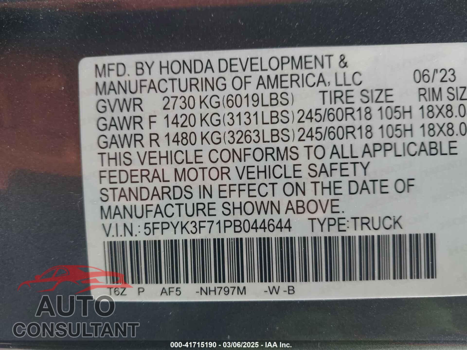 HONDA RIDGELINE 2023 - 5FPYK3F71PB044644