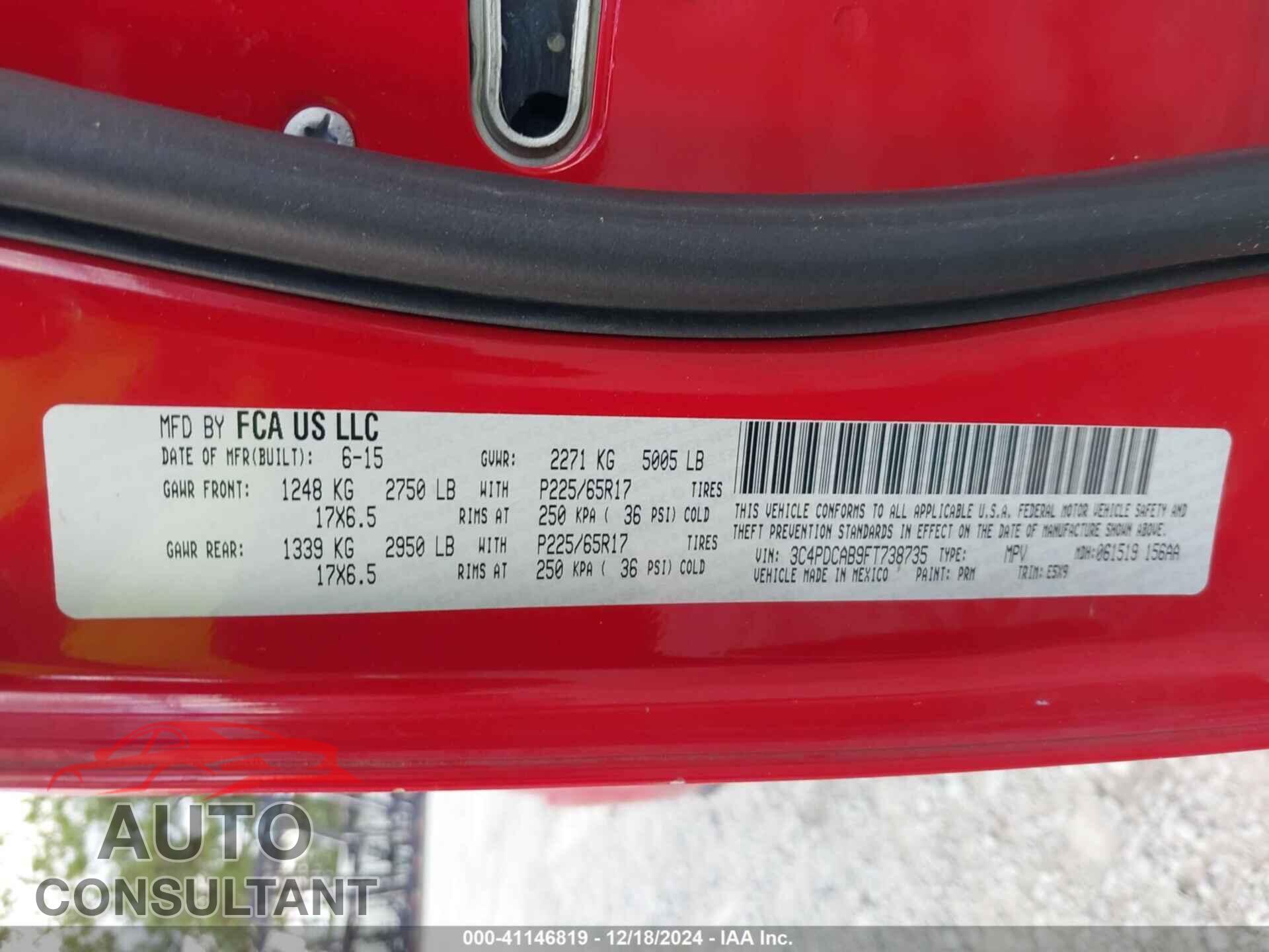 DODGE JOURNEY 2015 - 3C4PDCAB9FT738735