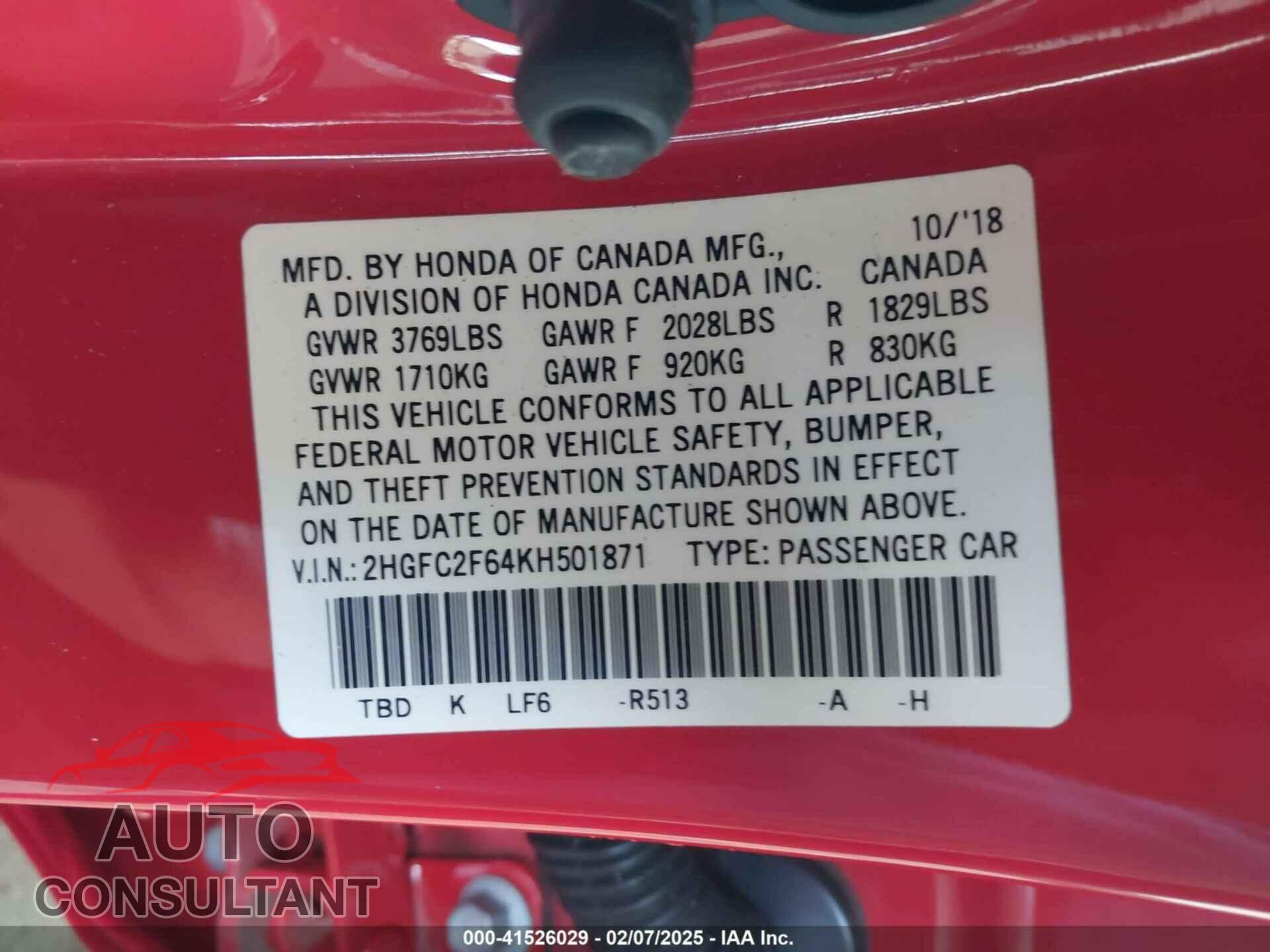 HONDA CIVIC 2019 - 2HGFC2F64KH501871