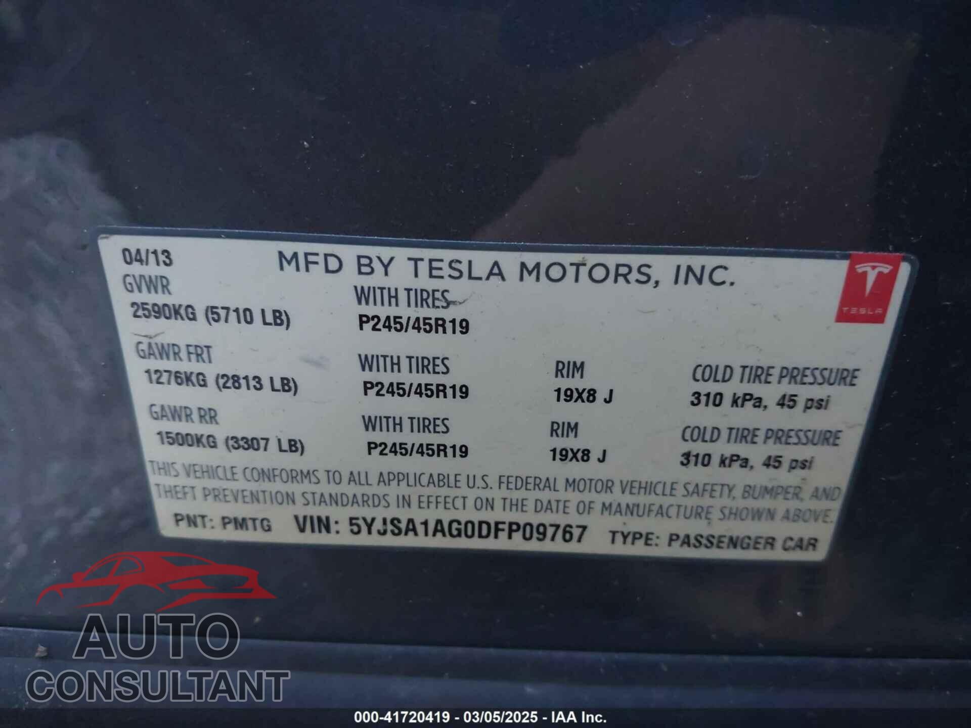 TESLA MODEL S 2013 - 5YJSA1AG0DFP09767