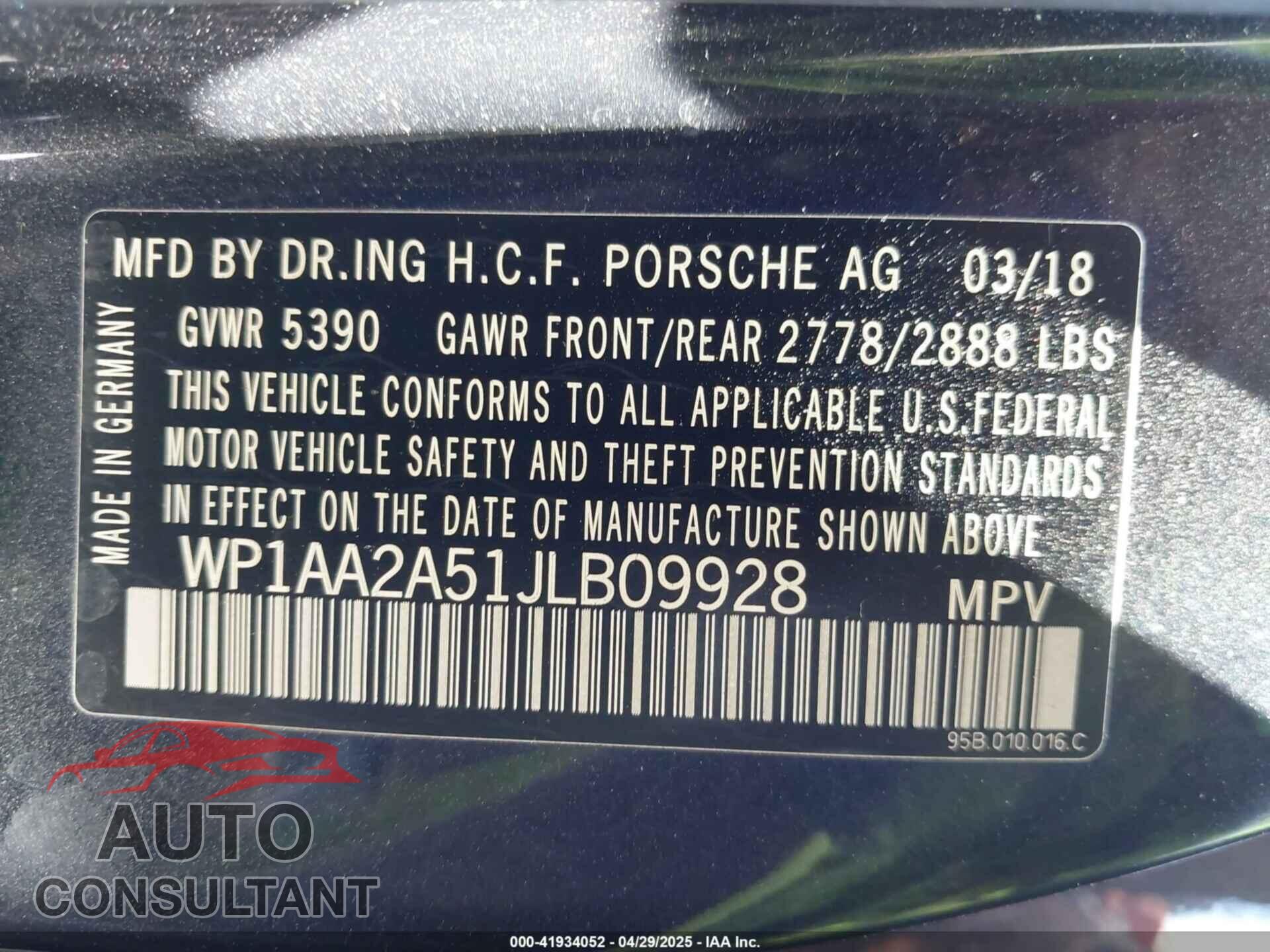 PORSCHE MACAN 2018 - WP1AA2A51JLB09928