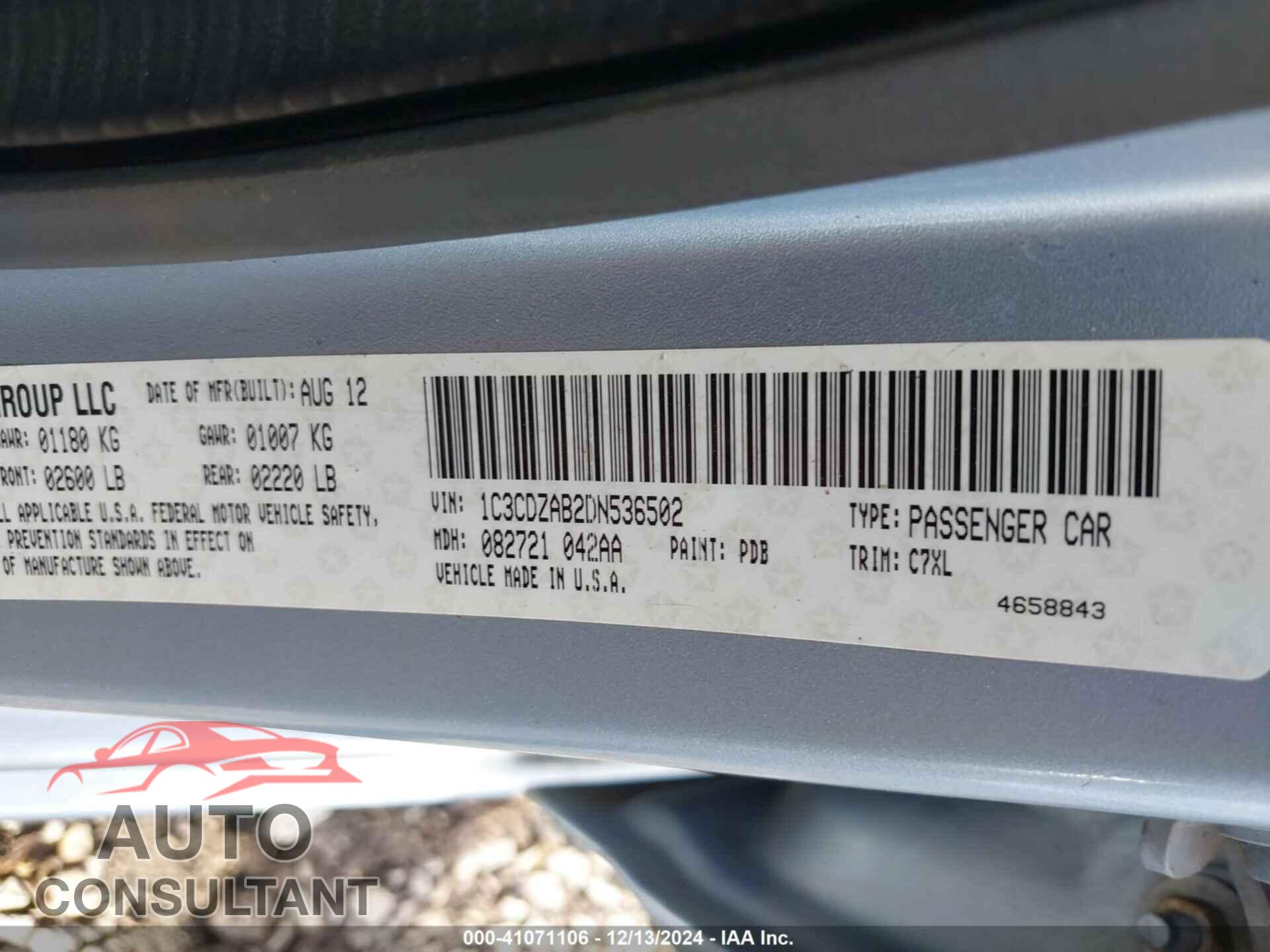 DODGE AVENGER 2013 - 1C3CDZAB2DN536502