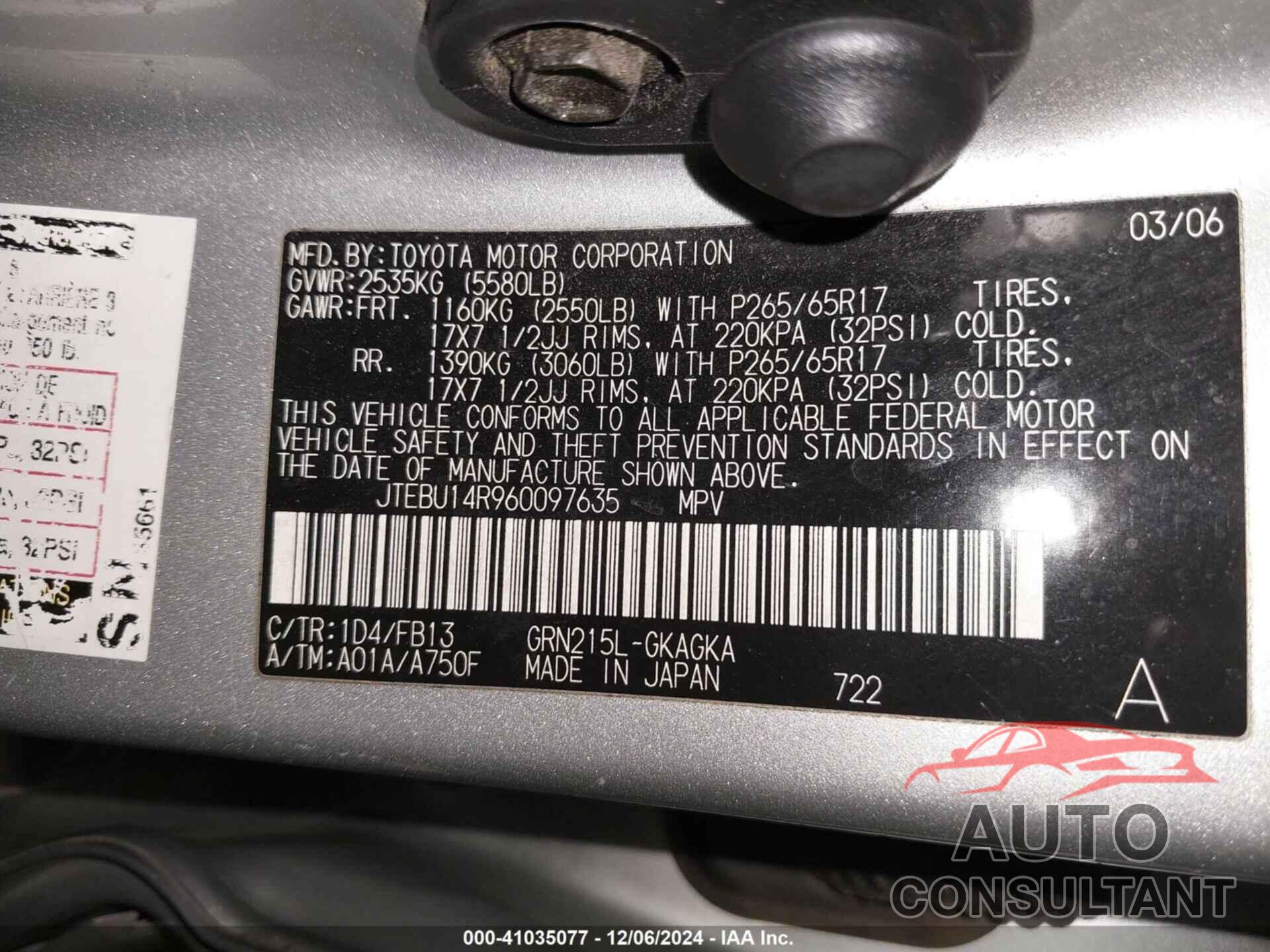 TOYOTA 4RUNNER 2006 - JTEBU14R960097635