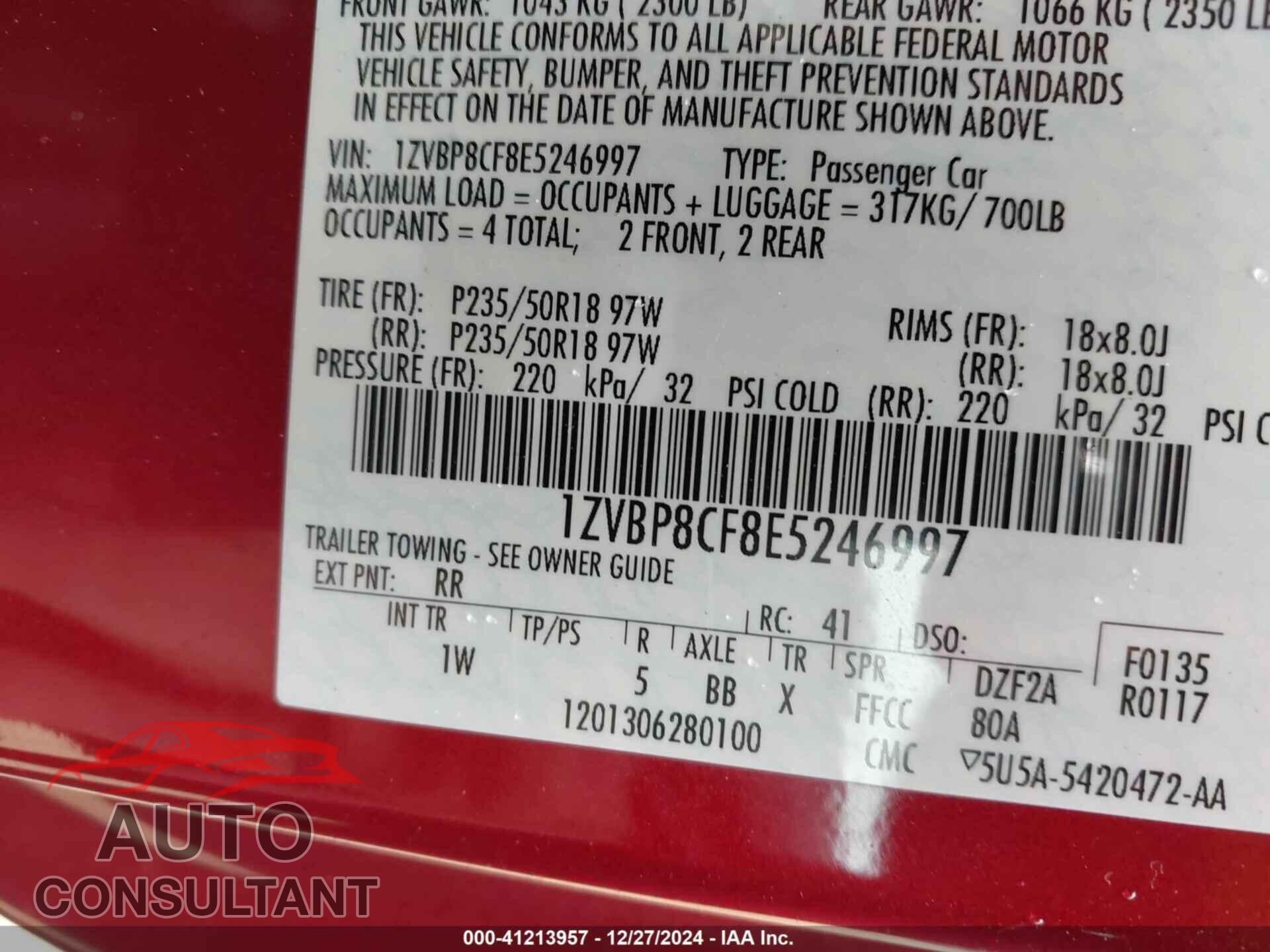 FORD MUSTANG 2014 - 1ZVBP8CF8E5246997