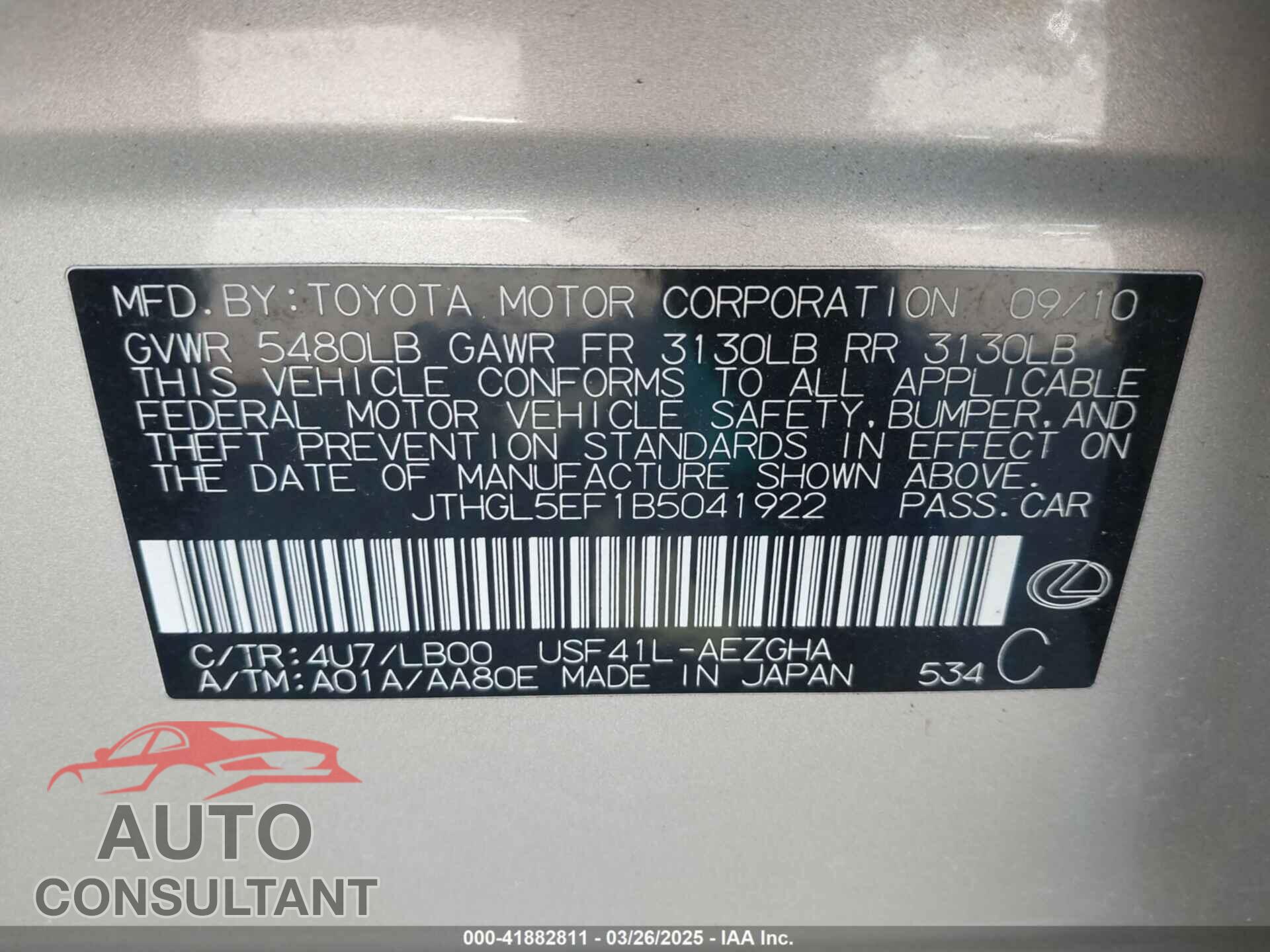 LEXUS LS 460 2011 - JTHGL5EF1B5041922