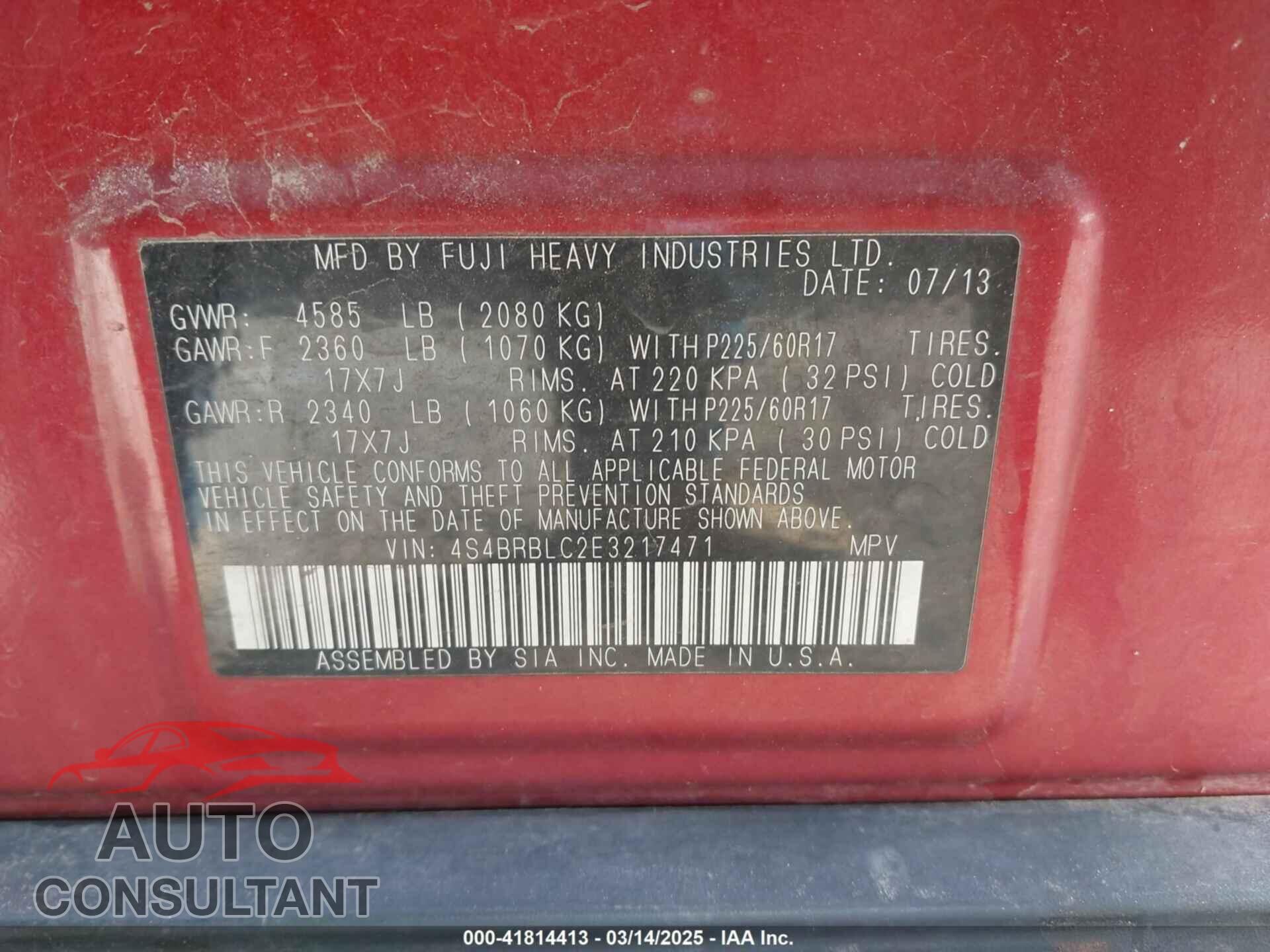 SUBARU OUTBACK 2014 - 4S4BRBLC2E3217471