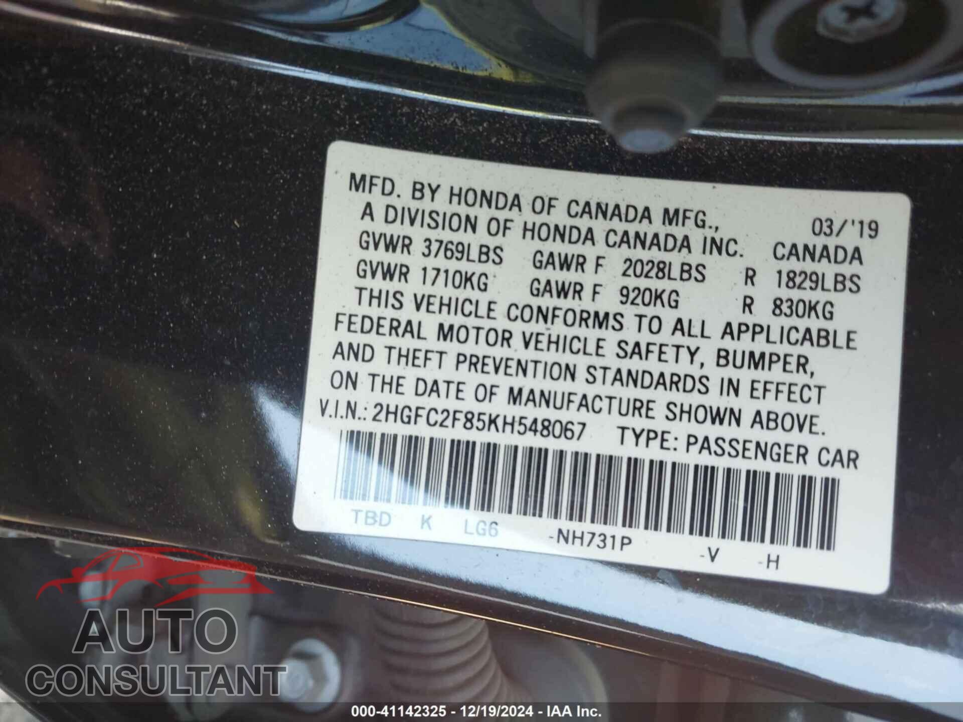 HONDA CIVIC 2019 - 2HGFC2F85KH548067