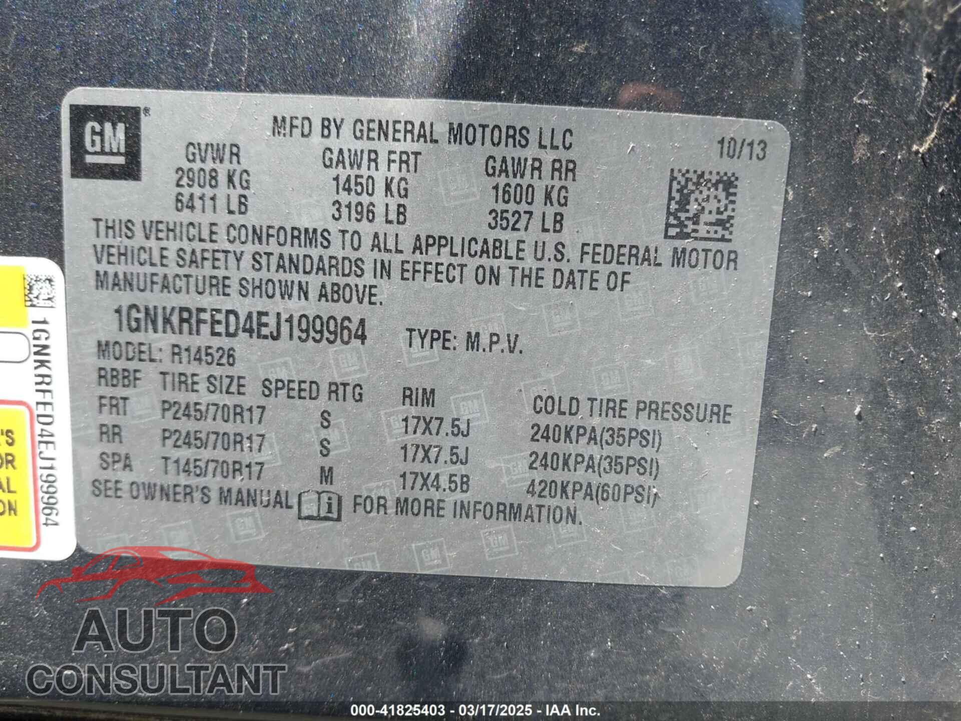 CHEVROLET TRAVERSE 2014 - 1GNKRFED4EJ199964