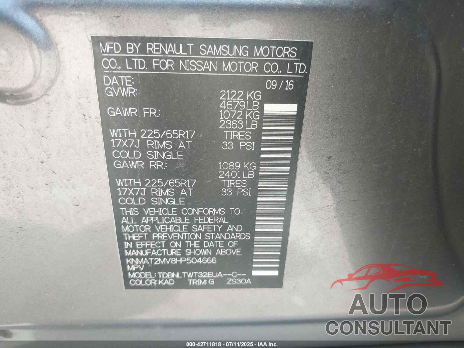 NISSAN ROGUE 2017 - KNMAT2MV8HP504666