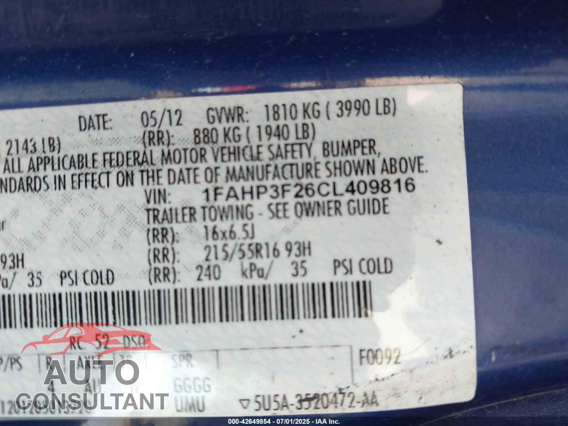 FORD FOCUS 2012 - 1FAHP3F26CL409816