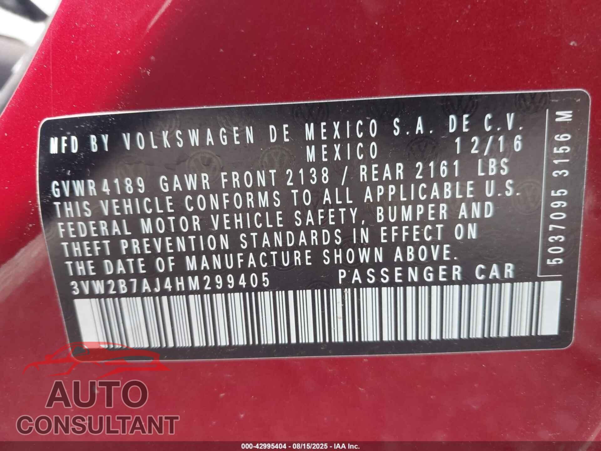 VOLKSWAGEN JETTA 2017 - 3VW2B7AJ4HM299405
