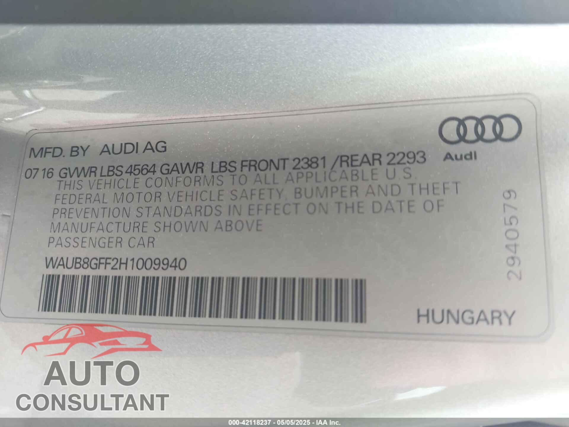 AUDI A3 2017 - WAUB8GFF2H1009940