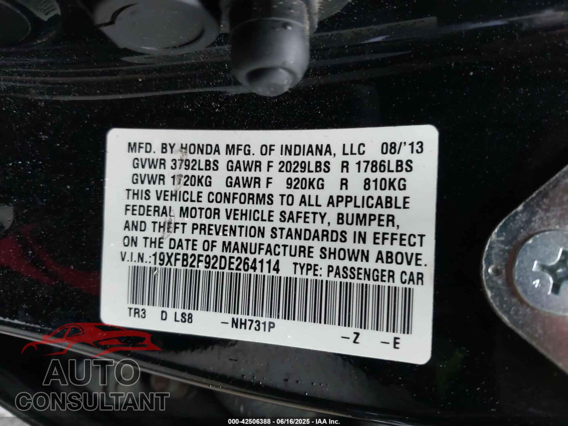 HONDA CIVIC 2013 - 19XFB2F92DE264114