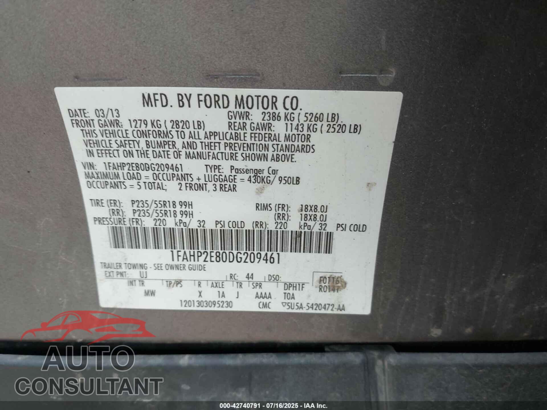 FORD TAURUS 2013 - 1FAHP2E80DG209461